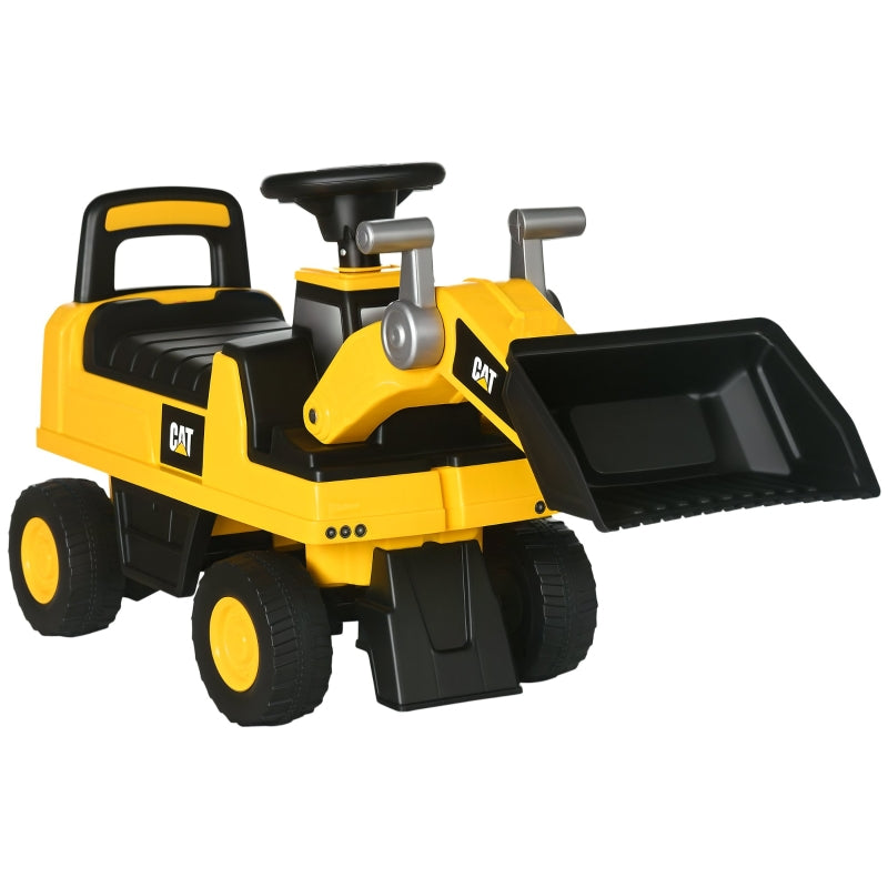Children's excavator ride-on with operable shovel, anti-tip device, non-slip wheels, yellow and black