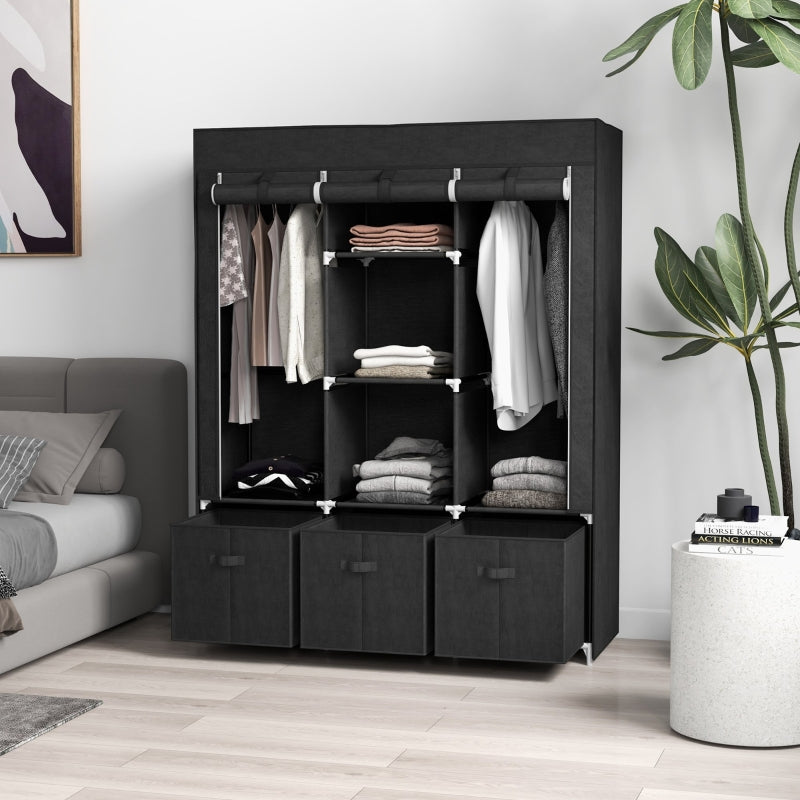 Fabric Wardrobe, Folding, 3 Drawers, Black