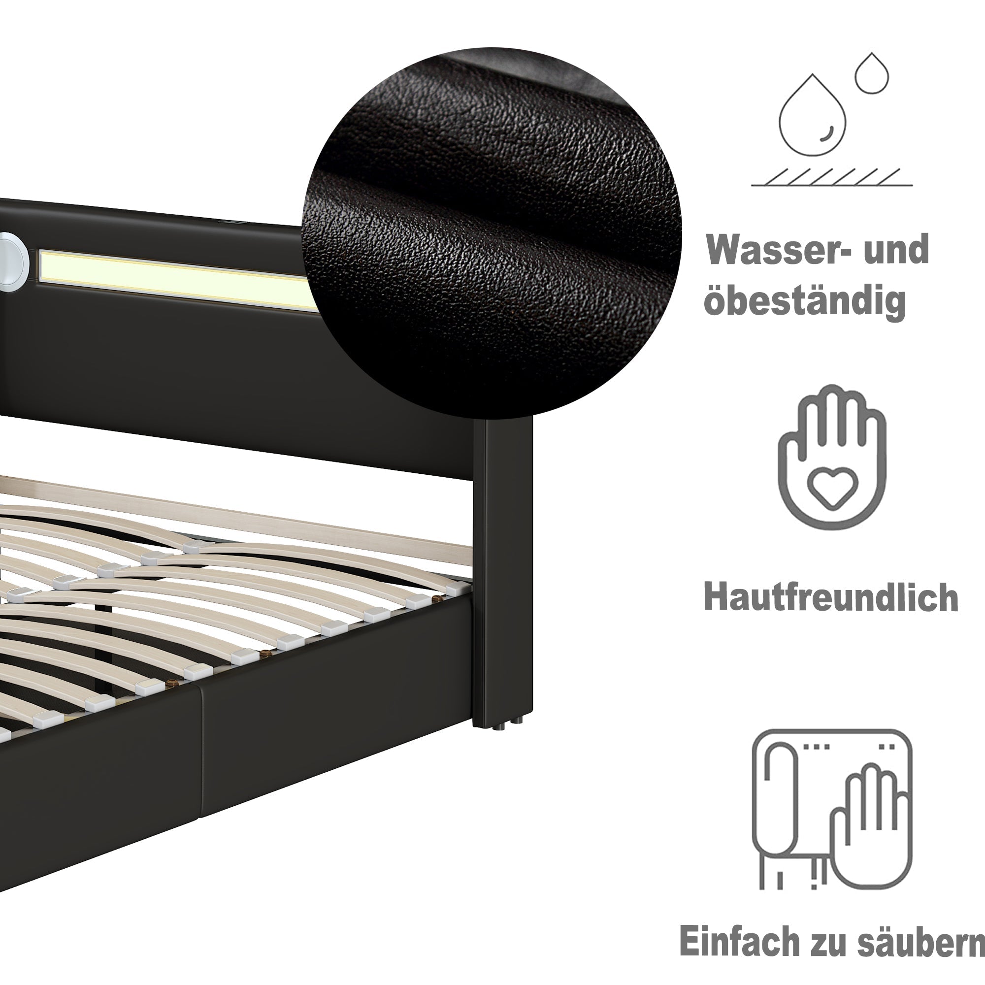 Upholstered Bed, 140x200 LED, Bluetooth & USB, PU Leather Black