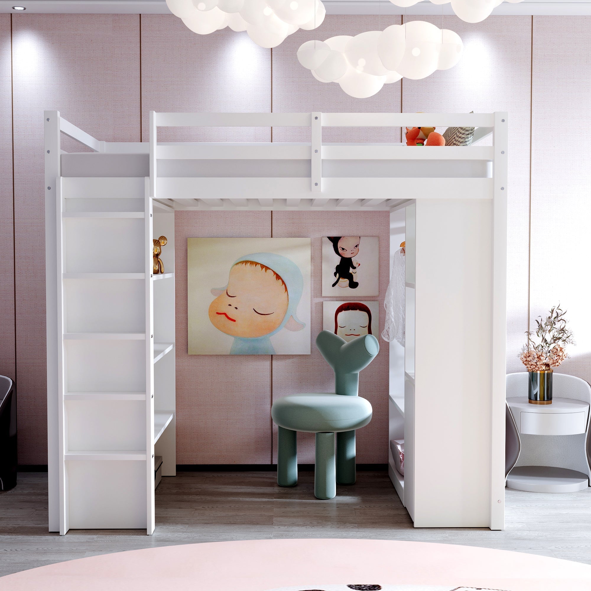 Children's Loft Bed, Multi-Level Shelves, Hangers, Storage, Removable Trolley, 90 x 200 cm, White