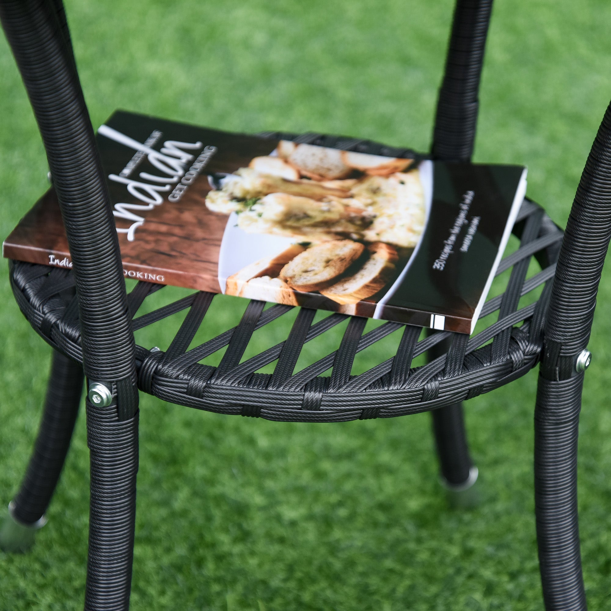 3 Pieces Rattan Bistro Set, 2-Tier Coffee Table and Chairs with Cushions, Black