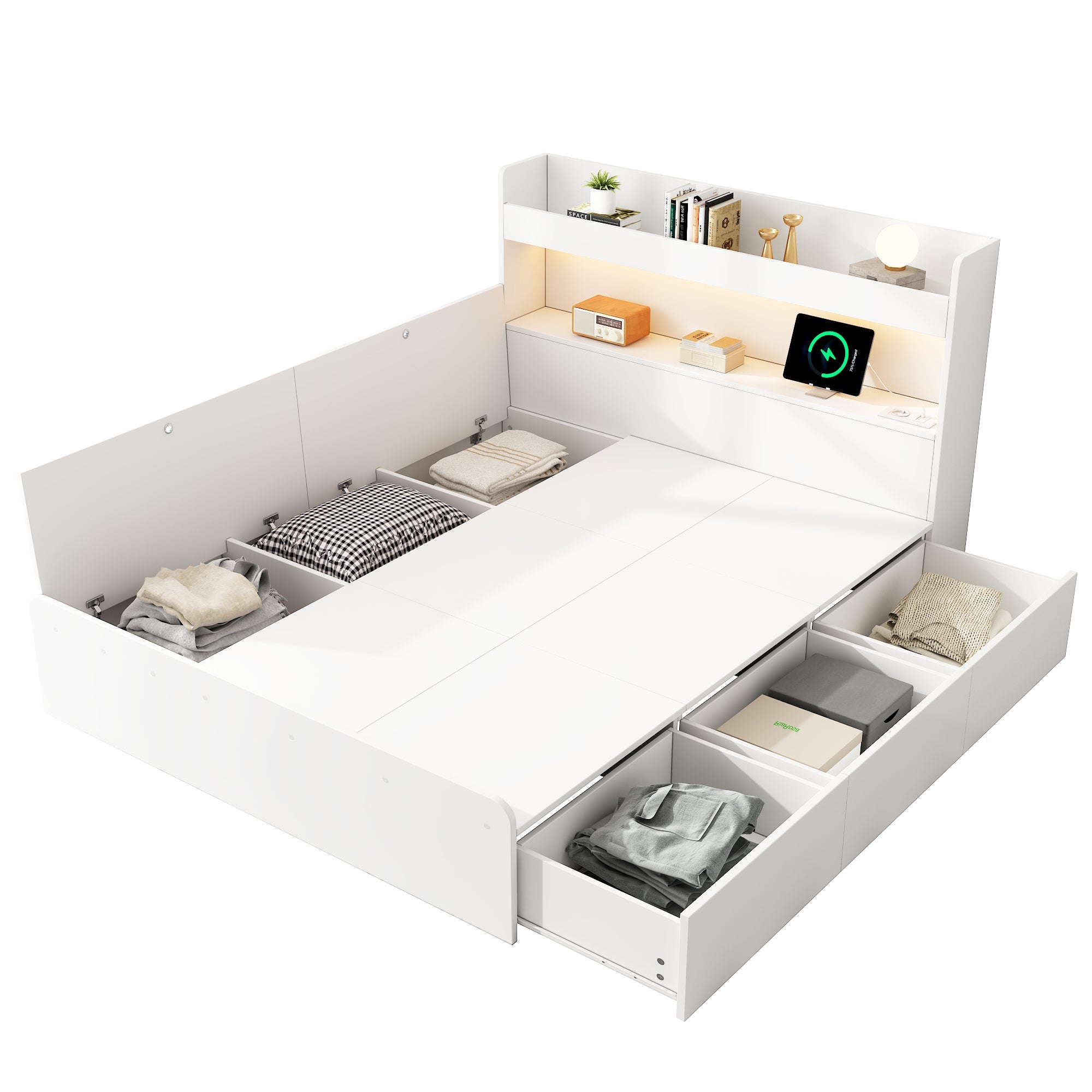 Storage Bed 140x200cm with USB, Power Outlet, LED and Drawers, White Solid Wood