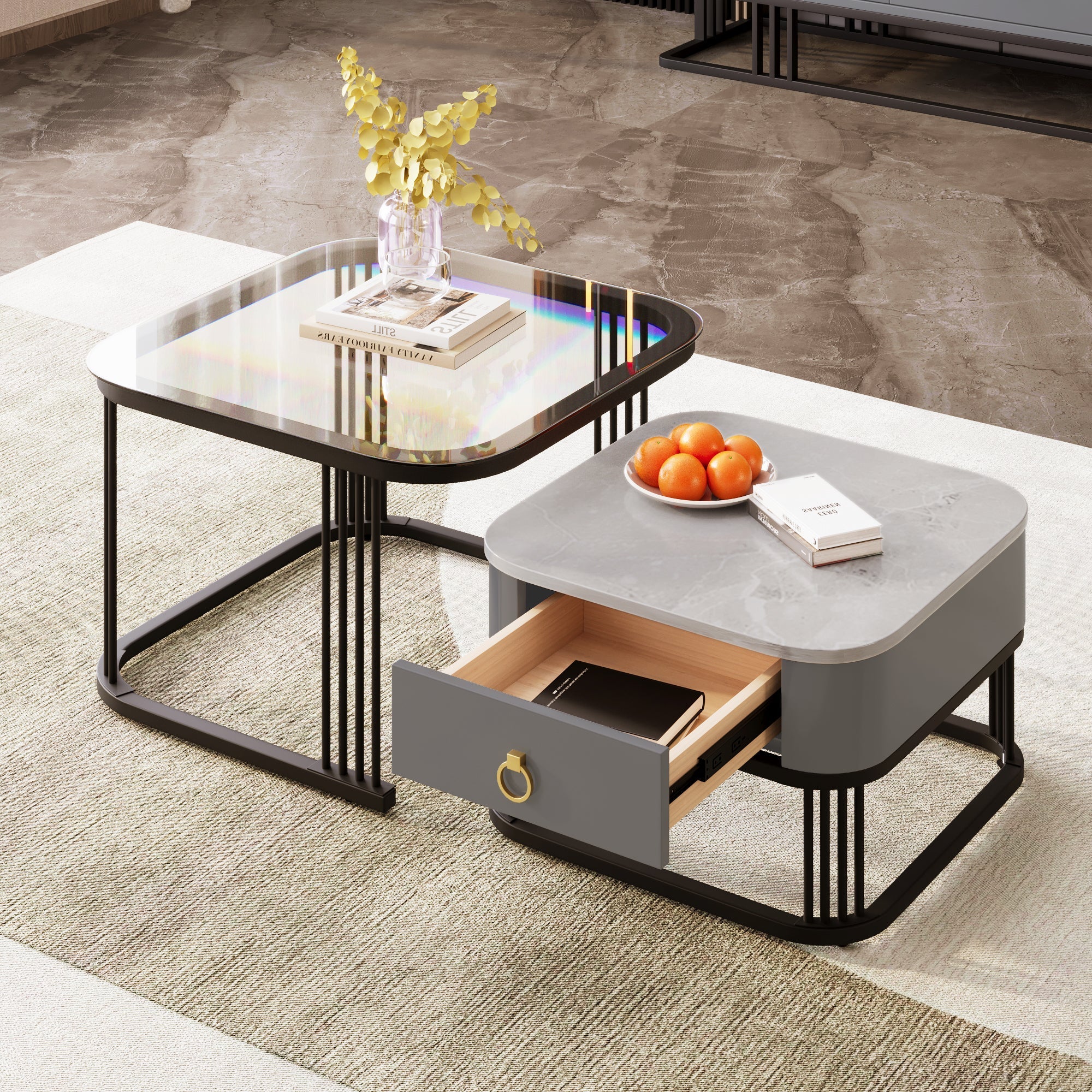 Stackable Coffee Table: High-Gloss Marble Look, Glass Top, Black Legs