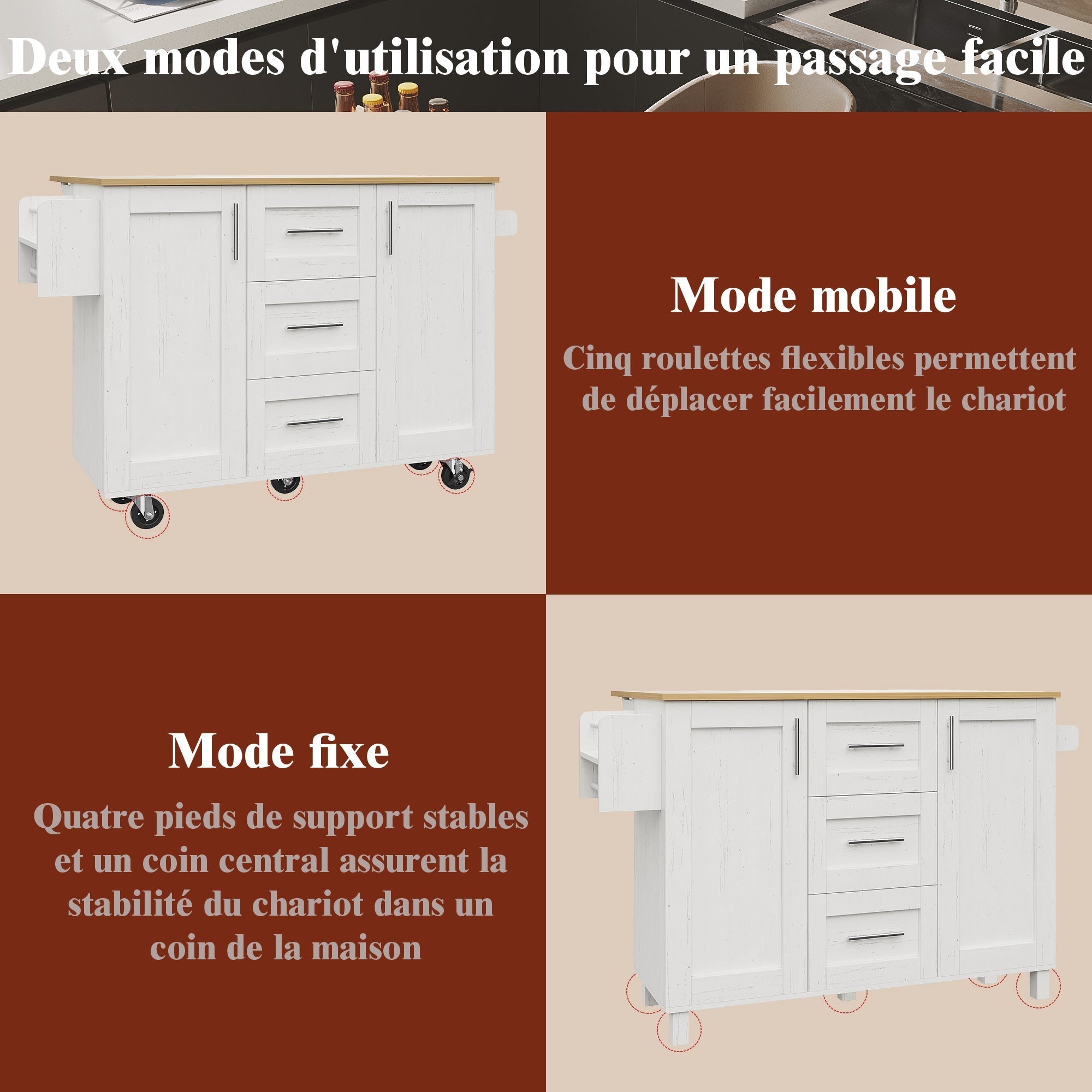 Kitchen Island Mobile Worktop Storage Removable Partitions - White