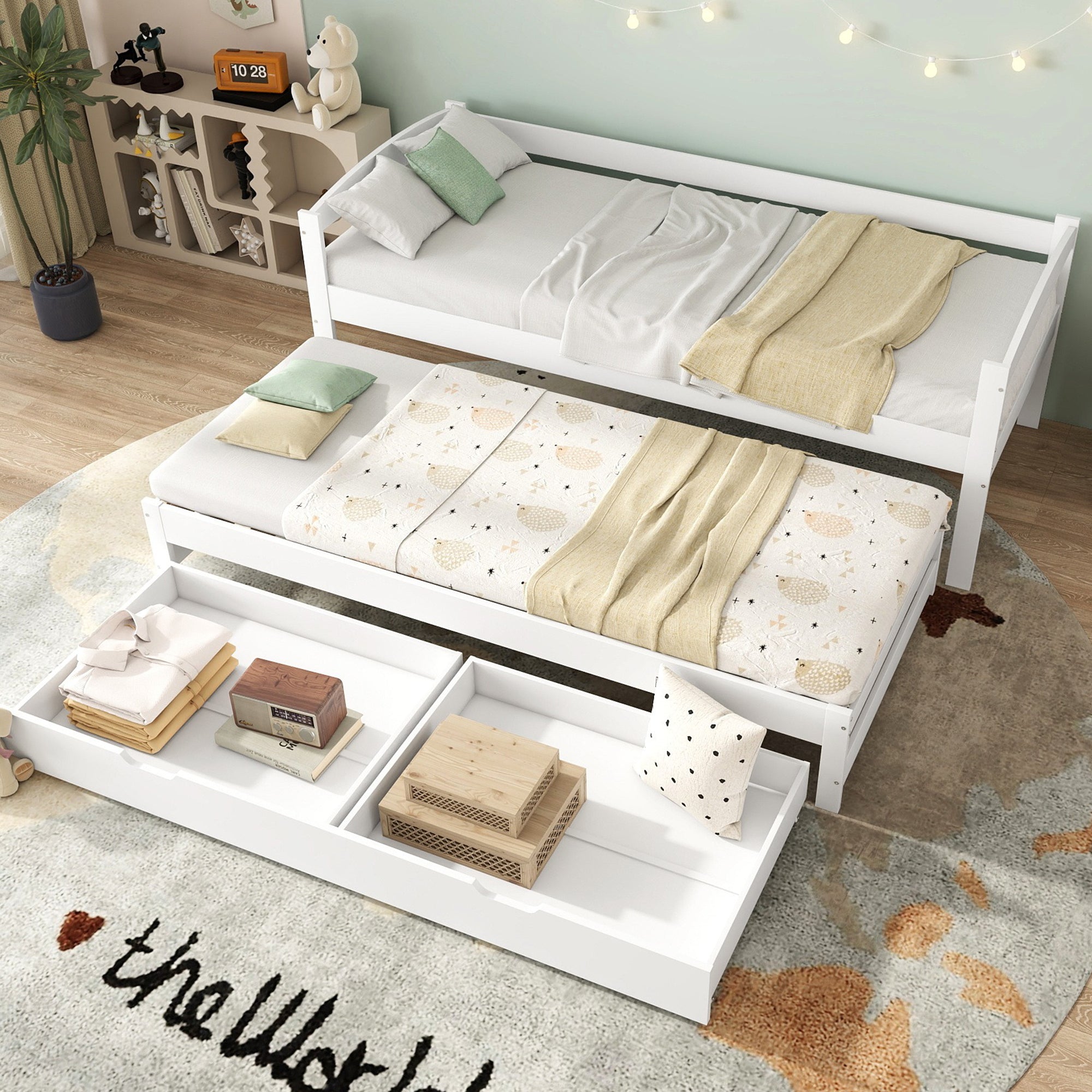 Daybed Single/Double Sliding Bed with 2 MDF Drawers, Solid Wood Frame, White
