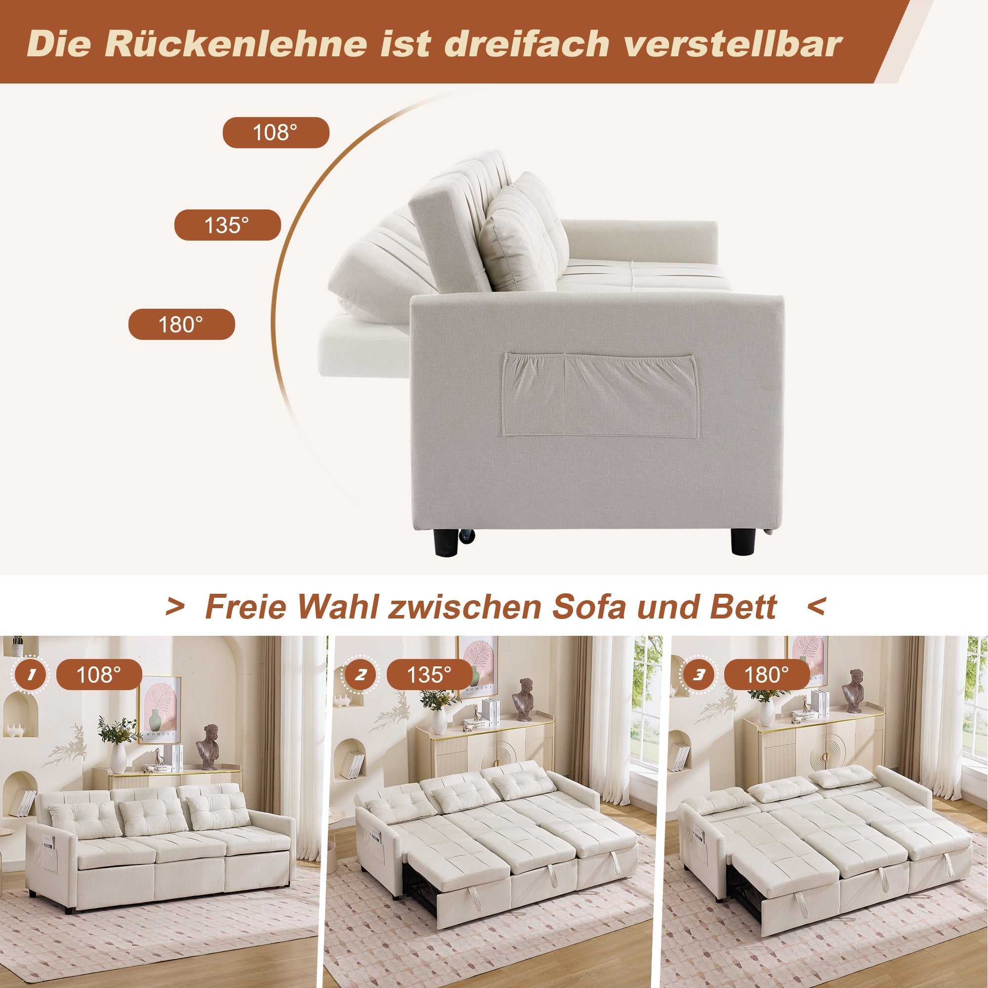 3-Seater Sofa Bed Adjustable Back Storage L-Shape - Beige