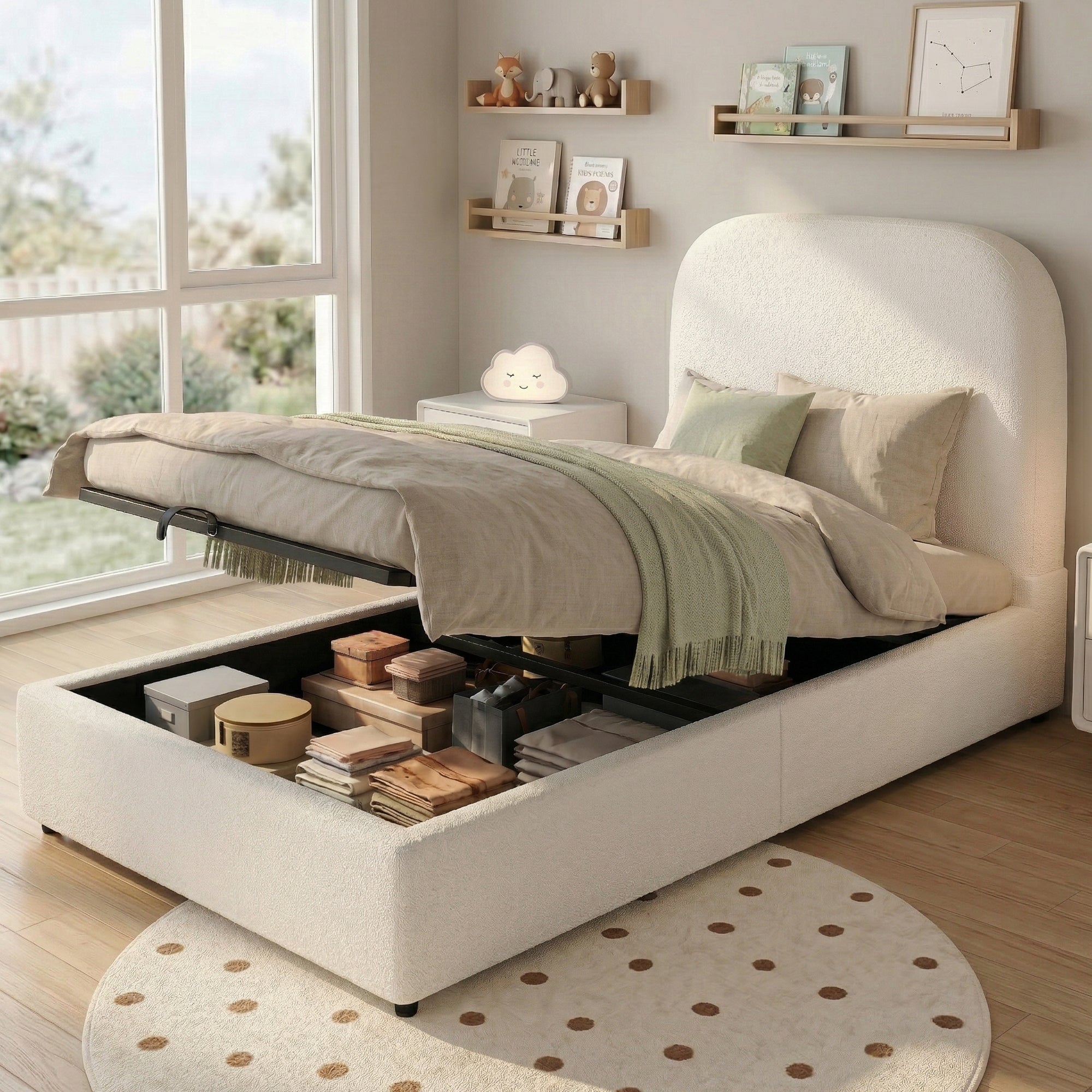 Upholstered Bed, 90x200cm Single Children's Bed with Hydraulic Storage and Slatted Base, Beige Bouclé