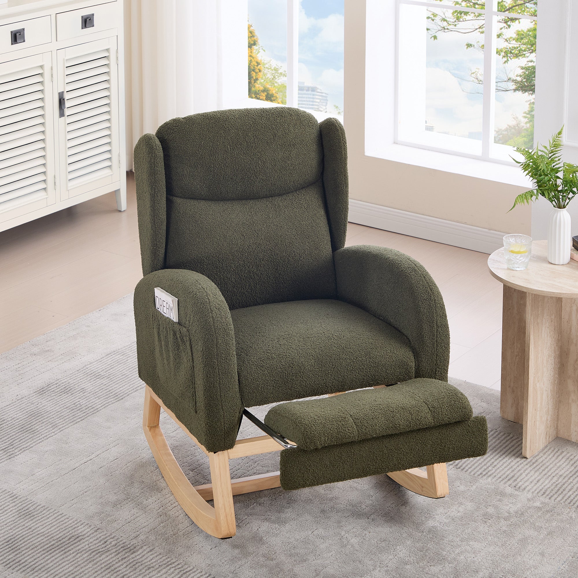 049B Rocking Chair, Nursing Lounge Chair with Adjustable Footrest, High Back, Teddy Fabric, Green