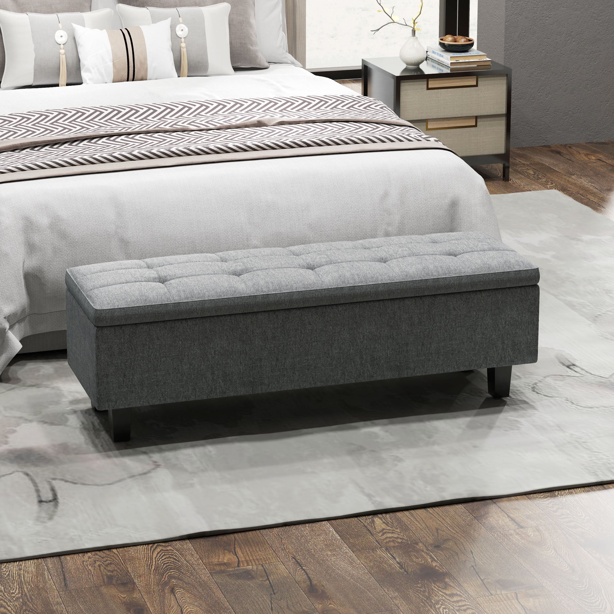 Storage Bench Upholstered with Wooden Legs 138x40x45cm, Dark Grey Linen