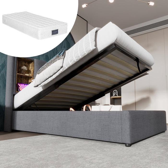 Single Bed, Wireless Charging USB C, 90x200cm with Storage, Wood-Grey Cotton