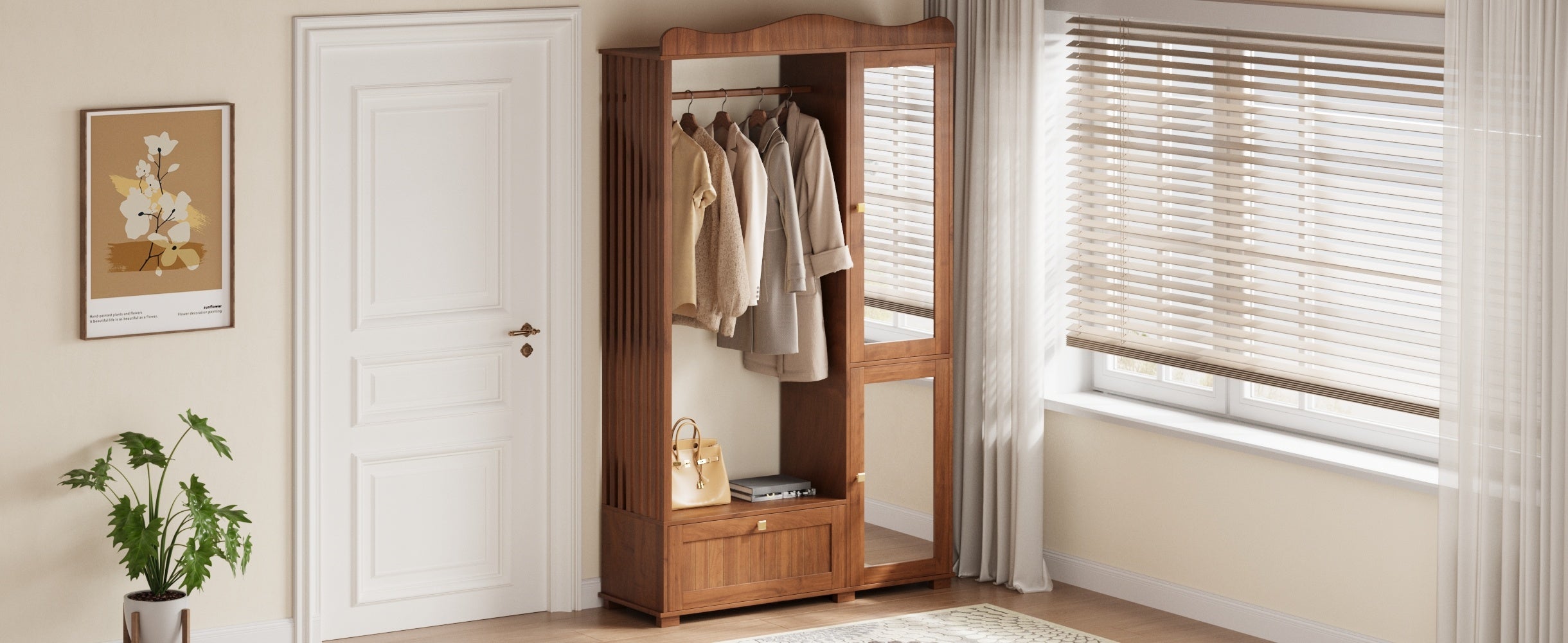 Wardrobe with Mirror and Open Clothes Rack, Drawer and 2 Doors, Natural Wood and Glass