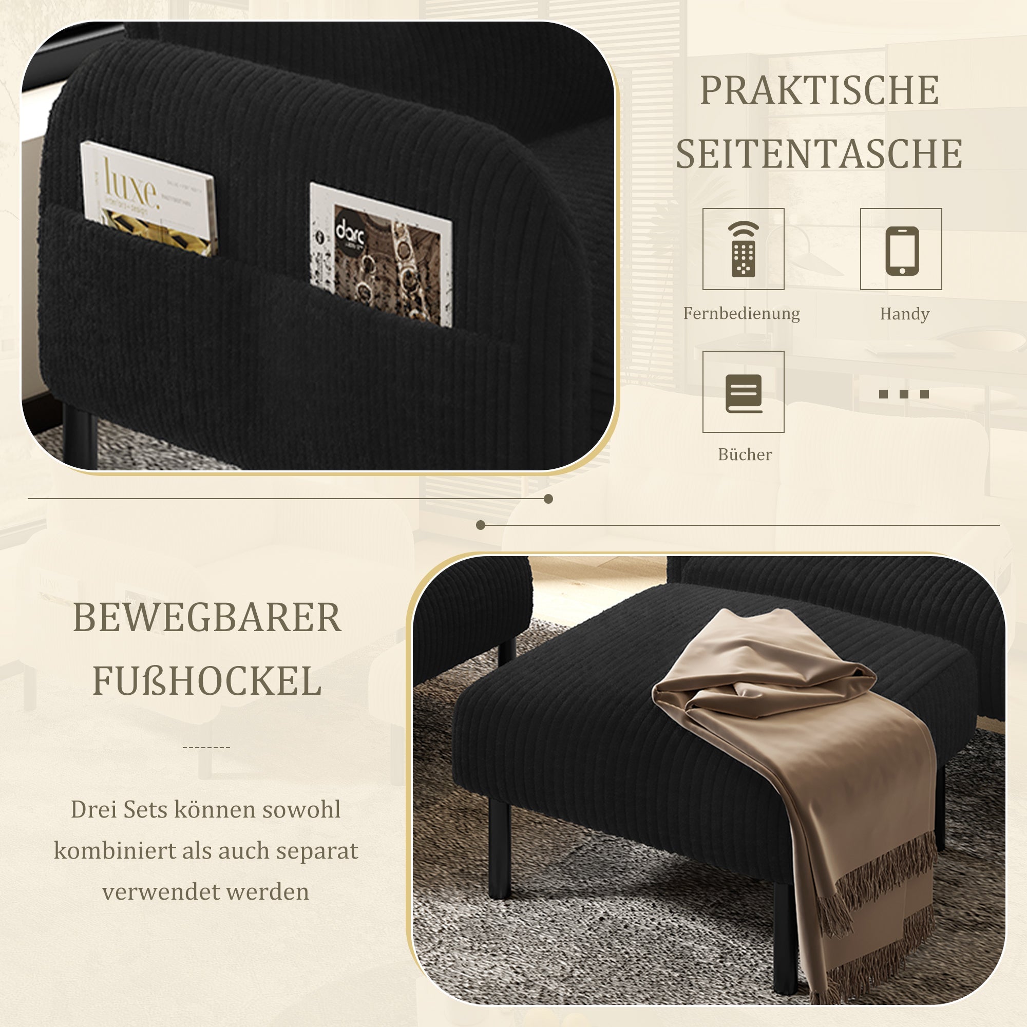 Cord 3-Piece Modular Sofa Set, Deep Seat Comfort Side Pocket, Black