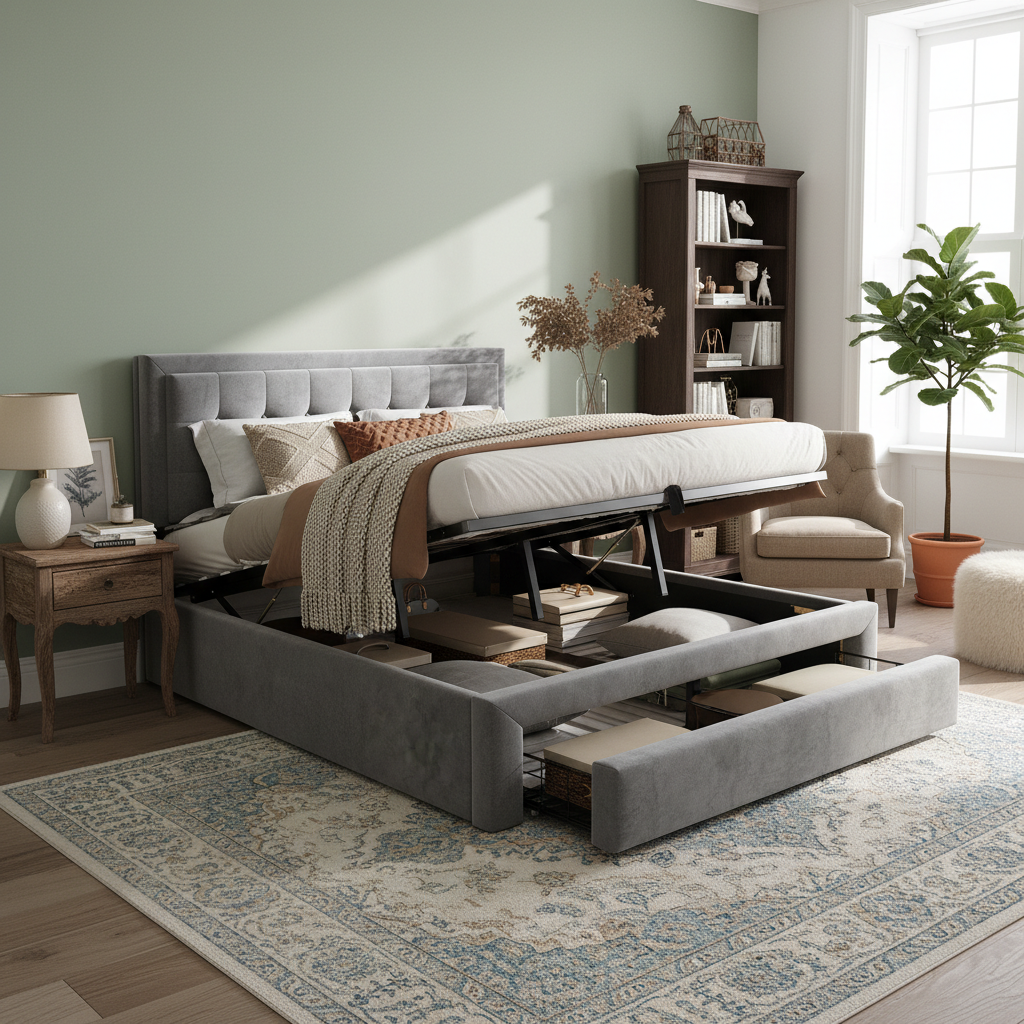 Upholstered Double Bed 140x190cm Hydraulic Storage 2 Drawers Velvet Grey