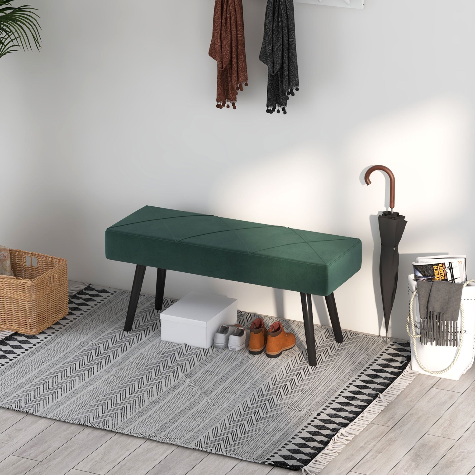 Upholstered Bench X-Pattern Seat, Bed, Hallway, Velvet Look, Green