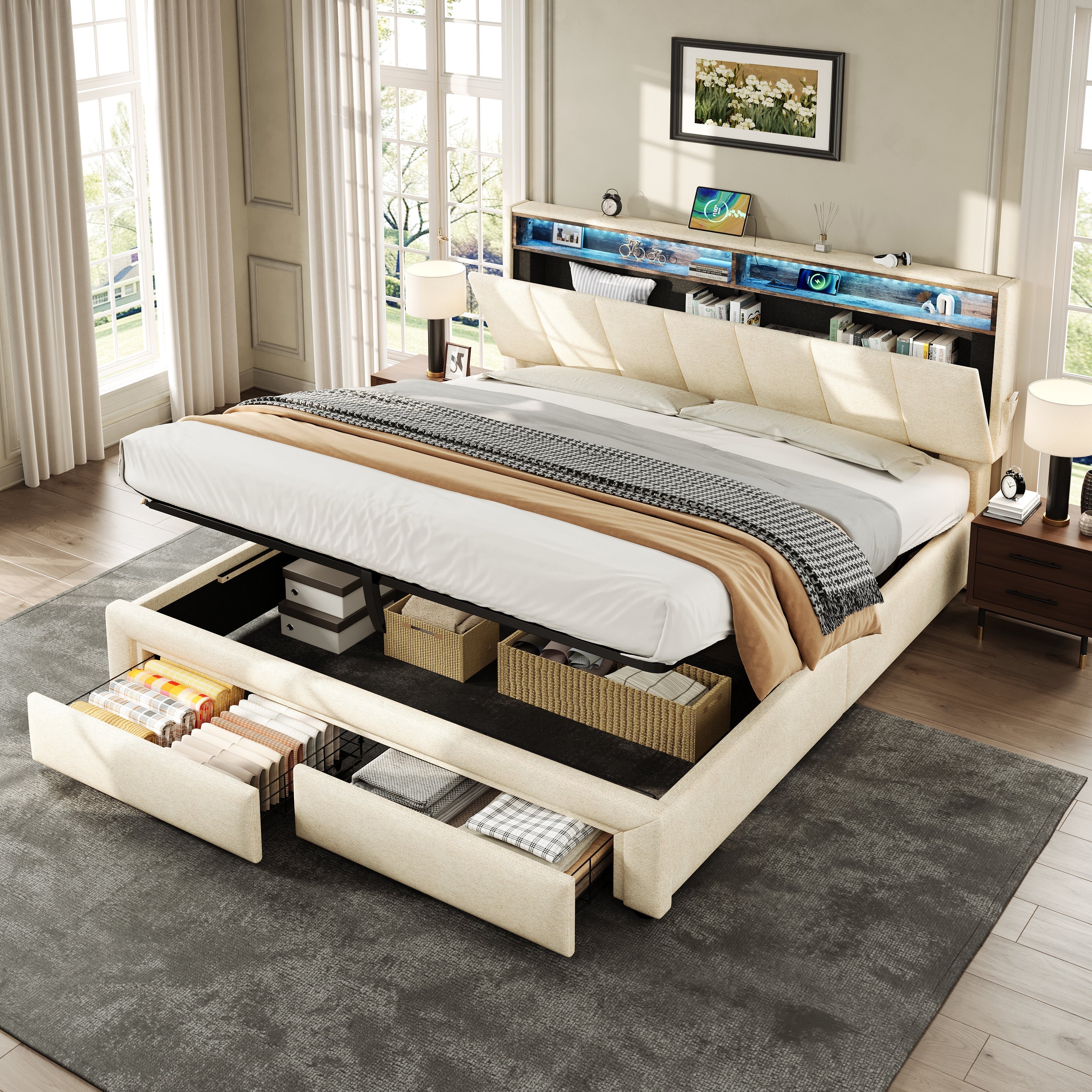 5ft King Upholstered Bed Frame, Hydraulic & Drawers Storage, LED Adjustable Headboard, Linen Beige