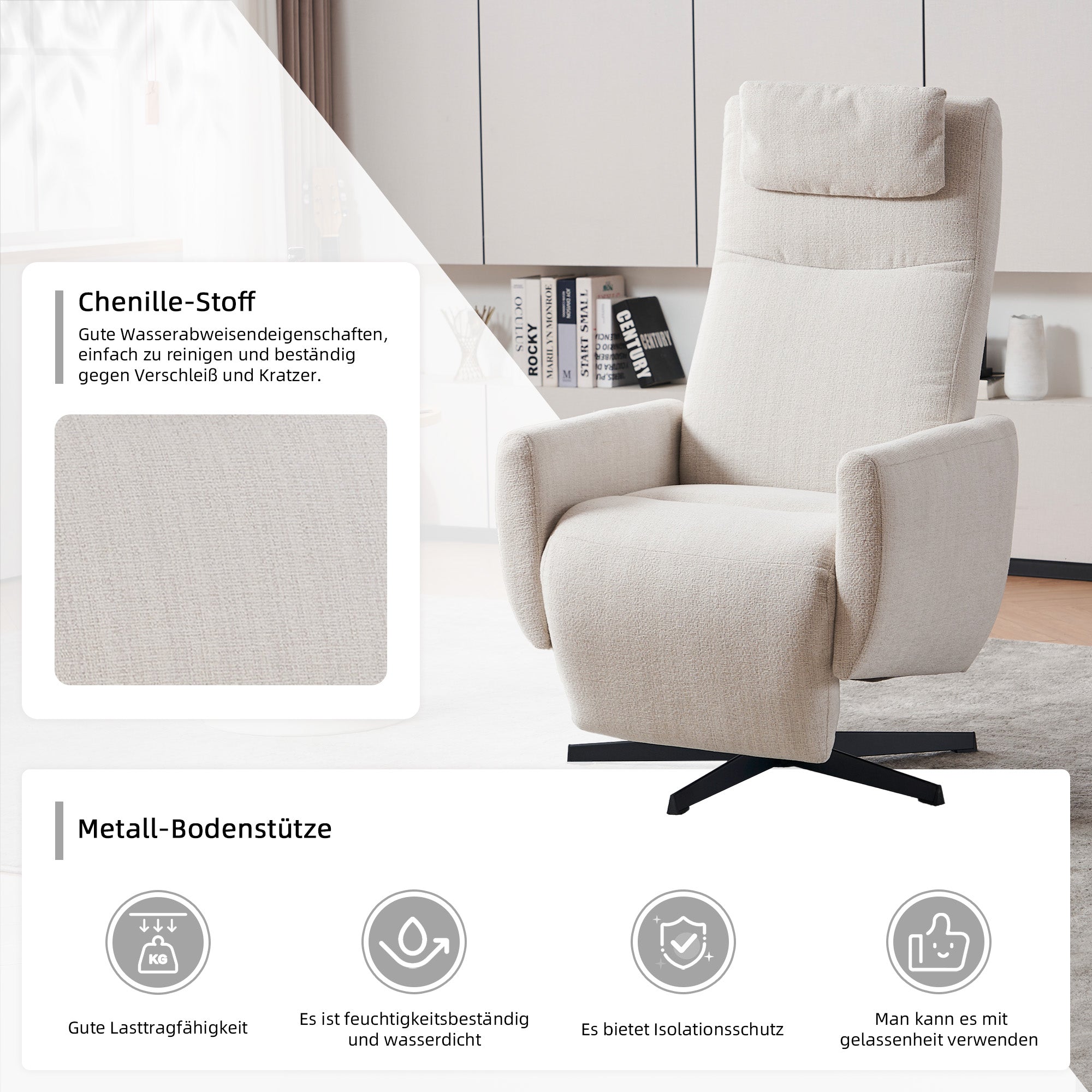 022 Recliner Chair with Footrest, Swivel Lounge Sofa, Beige Chenille