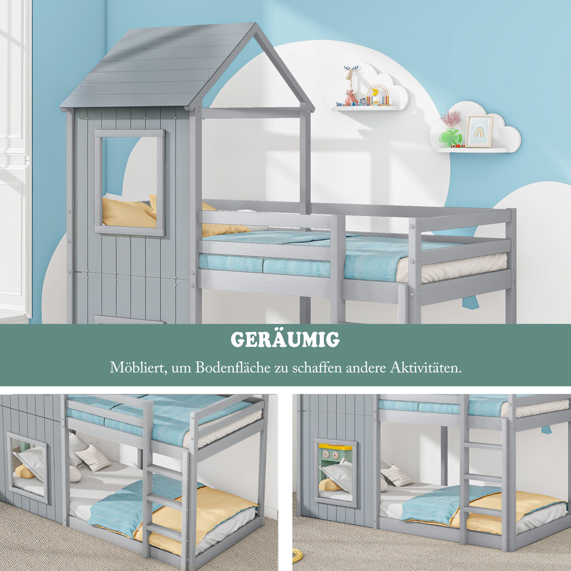 Bunk Bed 90x200cm House Bed with Ladder and Canopy Solid Wood Grey