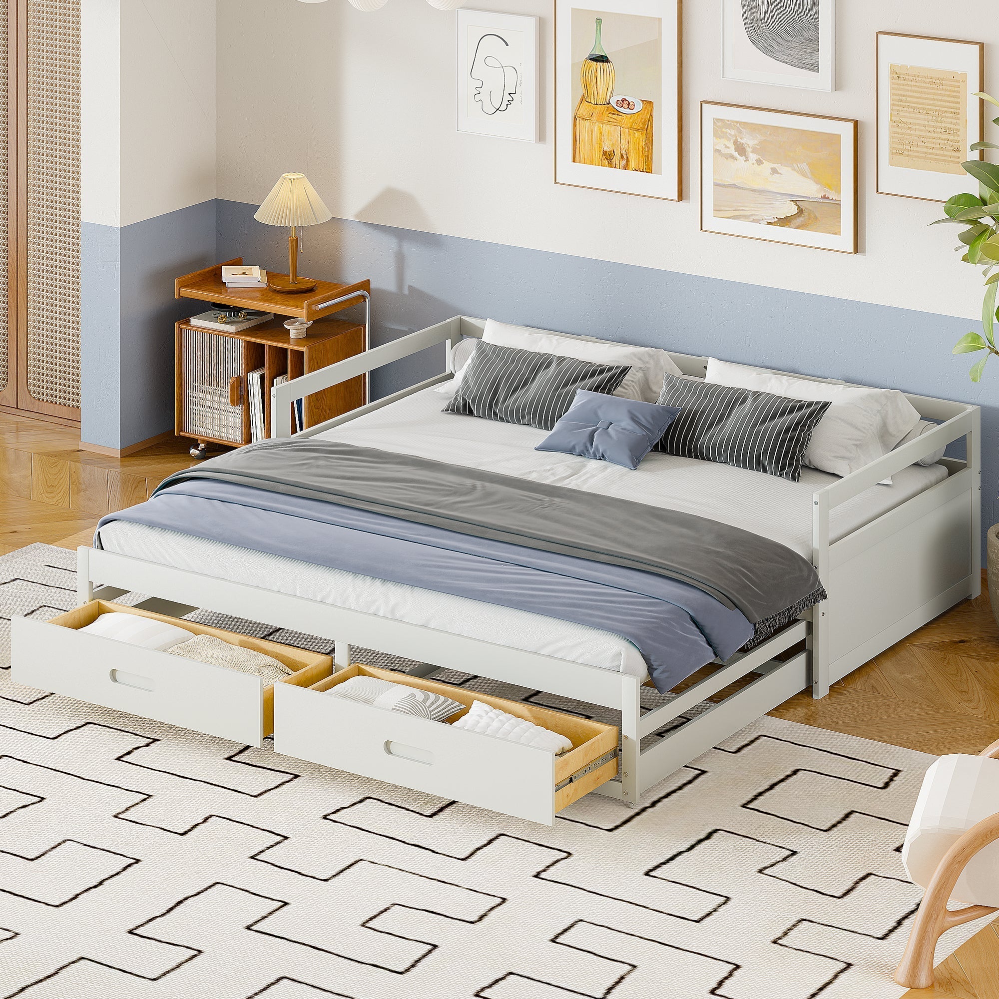 Pull-out Sofa Bed, 90/180x200 cm, Drawers & Slatted Frame, Pine Wood, White