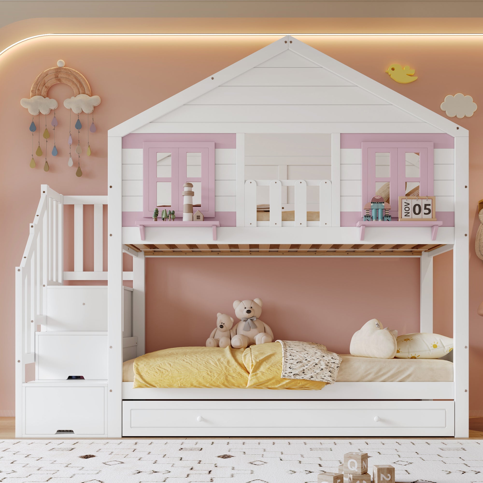 Bunk Bed 90x200cm Trundle Clothes Hanging House Design - White/Pink