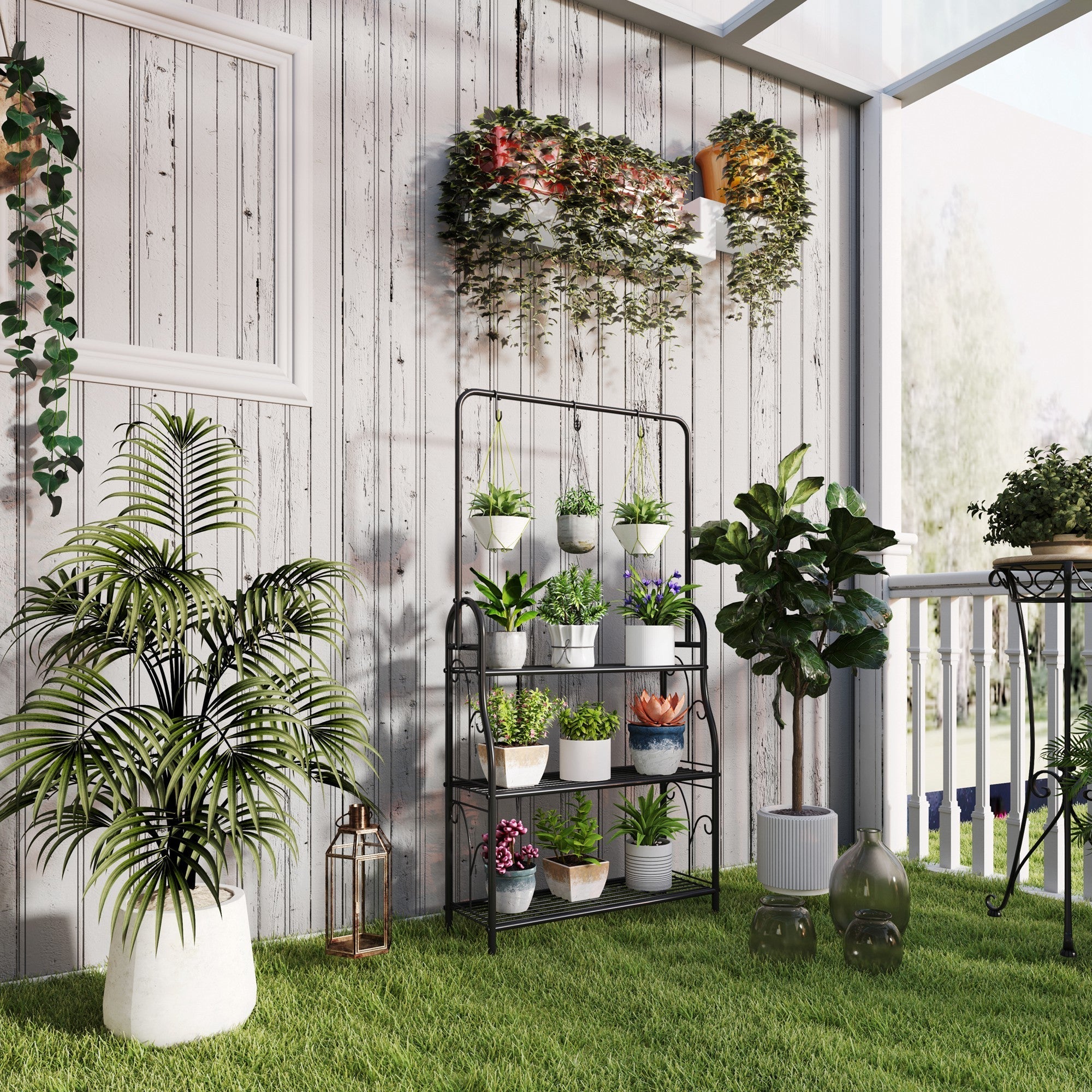3-Tier Plant Stand, Hanging Rod Hooks 137cm High, Metal Black