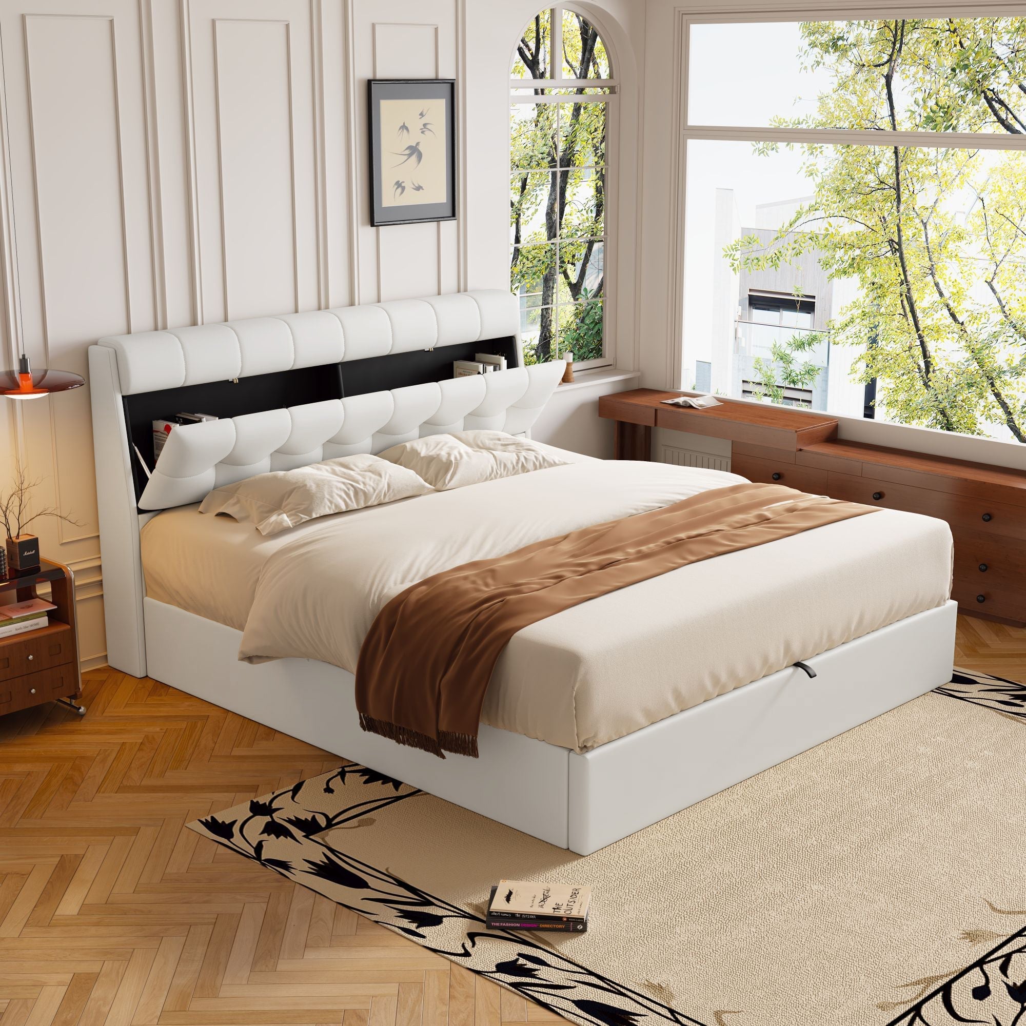 Stylish Upholstered Bed 140x200 Hydraulic Concealed Storage PU White