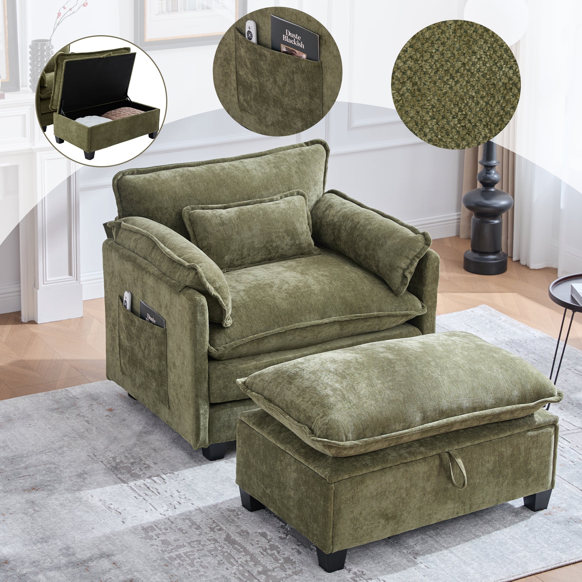 Armchair, Oversized with Footrest, Stool, Side Pockets, Cushions - Velvet
