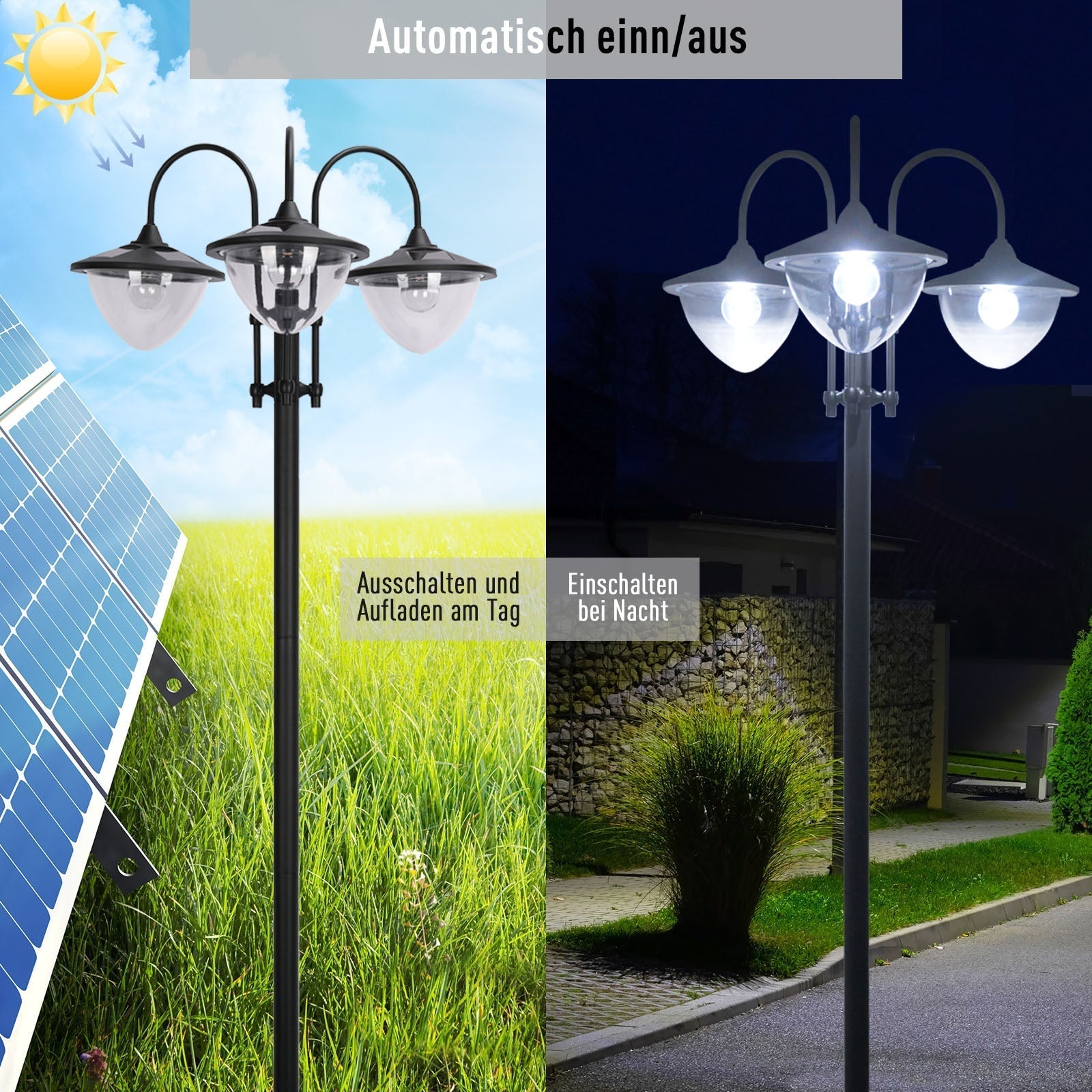 Solar Lantern 3-Piece Set, Floor Lamp Waterproof IP44 Flower Pot Base, Metal Black