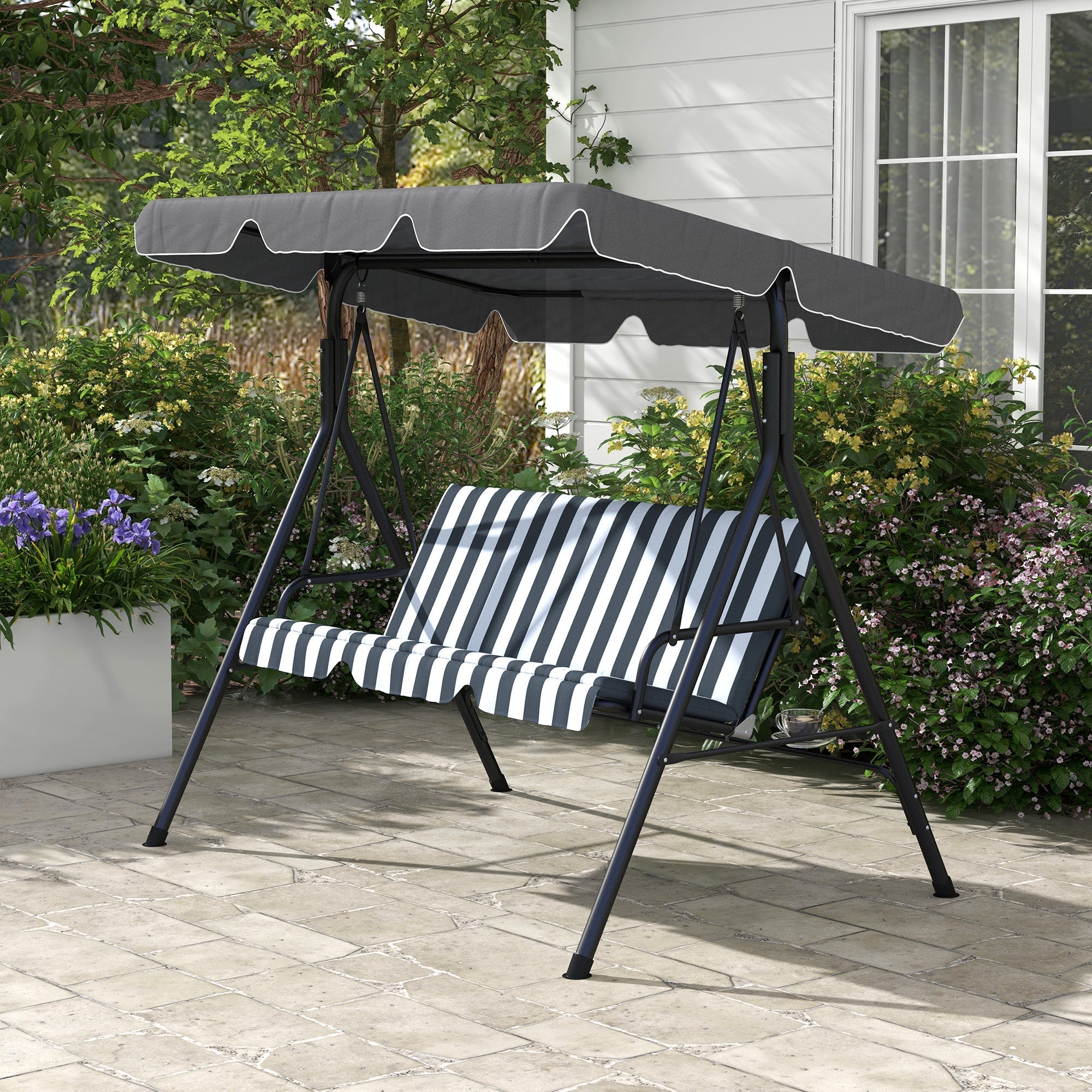 Outsuuny 3-Seater Garden Swing with Adjustable Sunshade, 240 kg Load Capacity, Grey/White