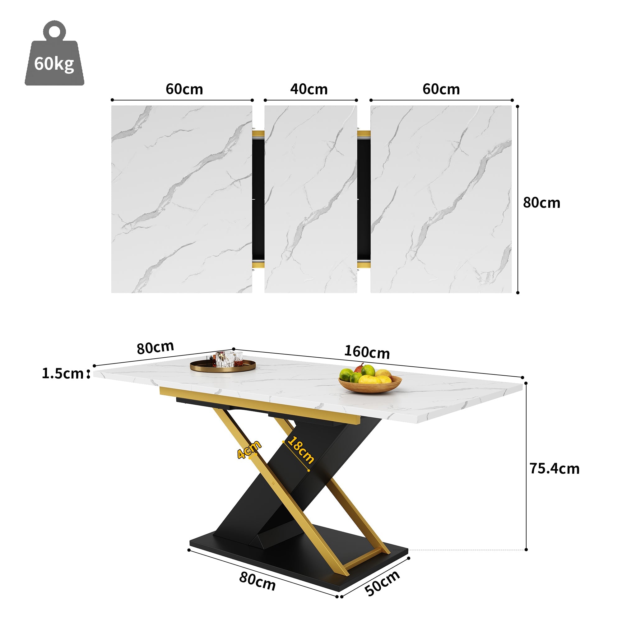 Extendable Dining Table 120-160cm Internal Leaf Golden Cross Legs
