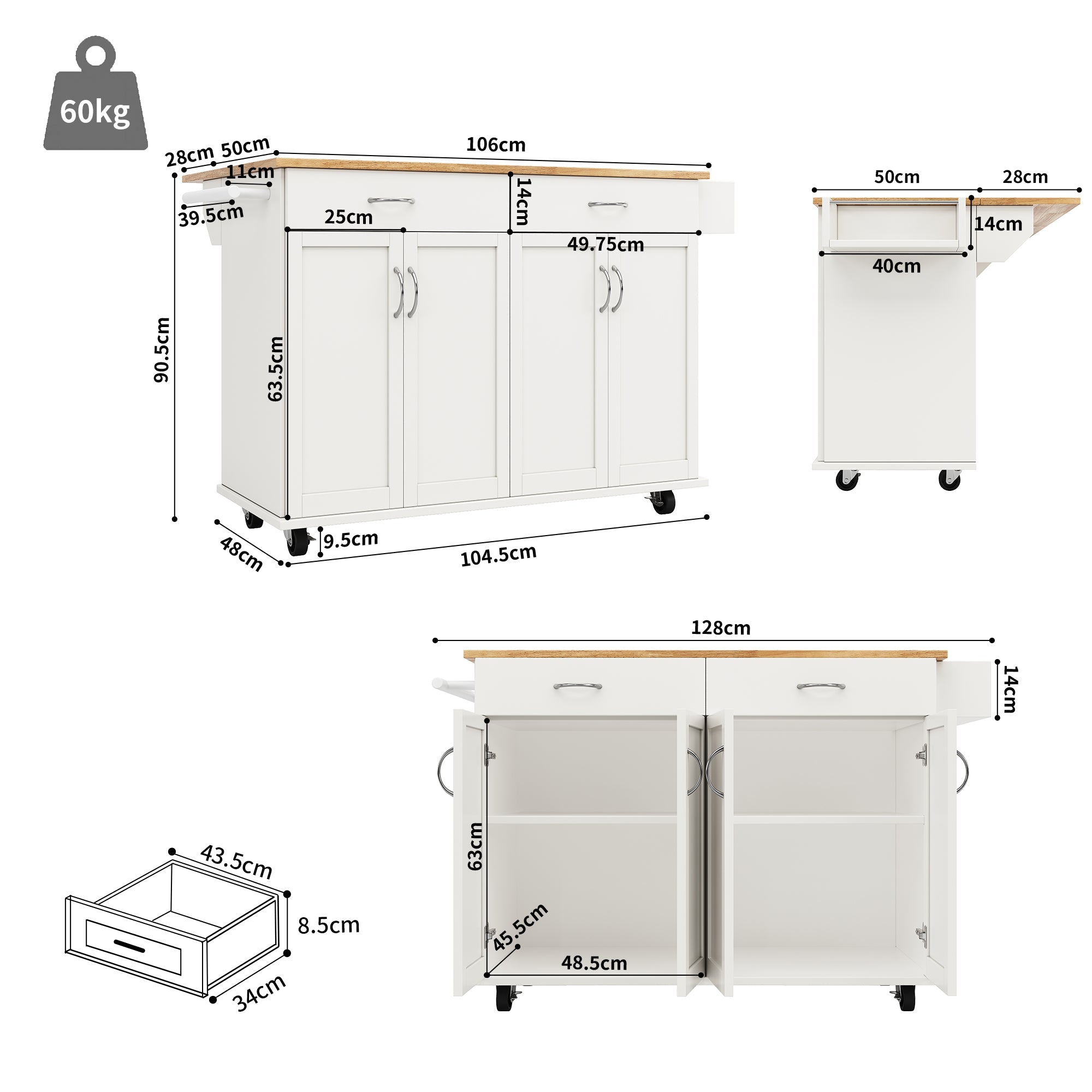 Modern Kitchen Island Dining Table Storage 106cm - White