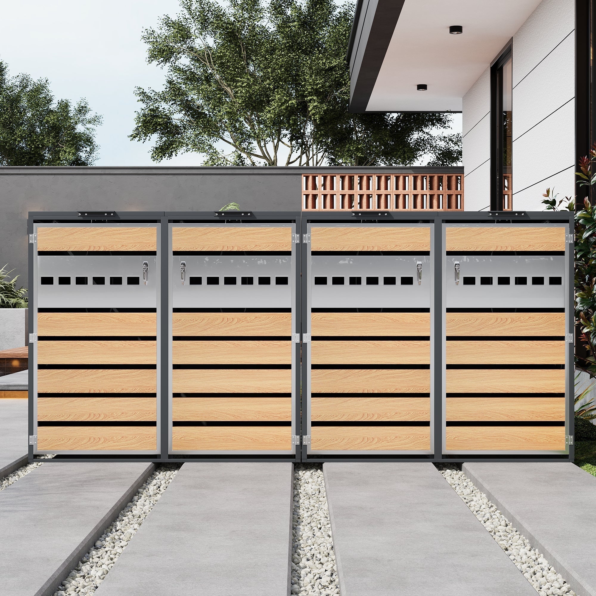 Bin Storage Box with Hinged Lid, Lockable and Four Doors, Horizontal Wood Grain Blocks