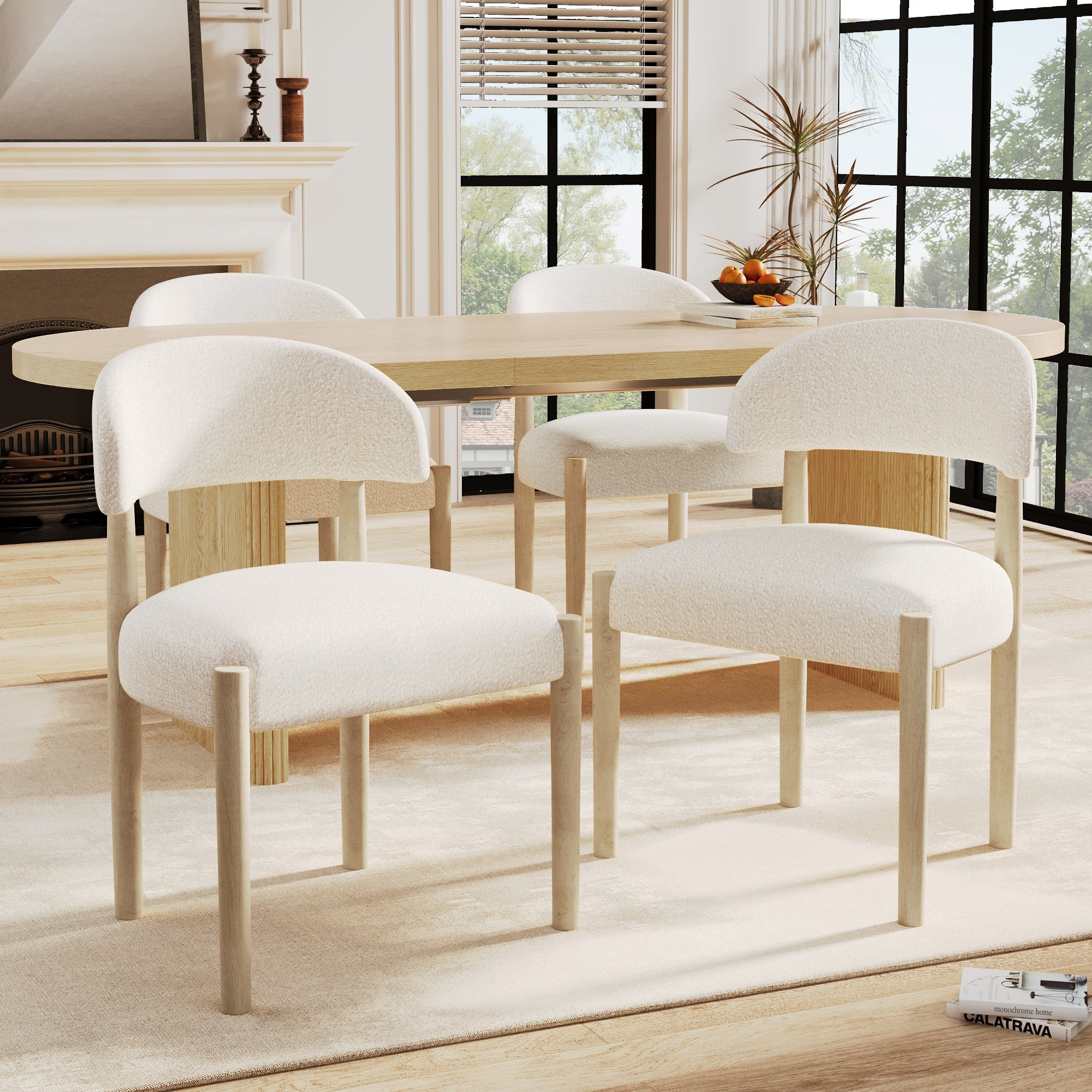 Solid Wood Dining Chairs Set of 2 Modern Bouclé Natural