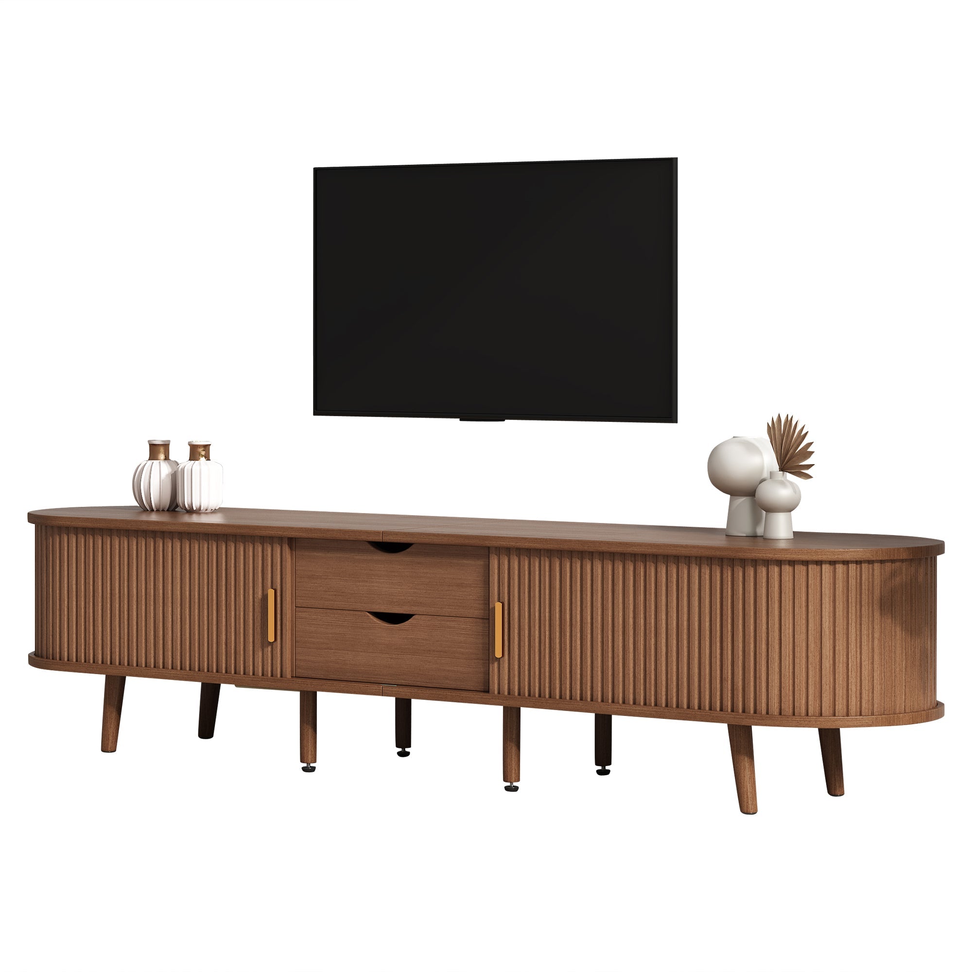 TV Cabinet 175cm Storage 2 Drawers Telescopic Doors, Walnut MDF