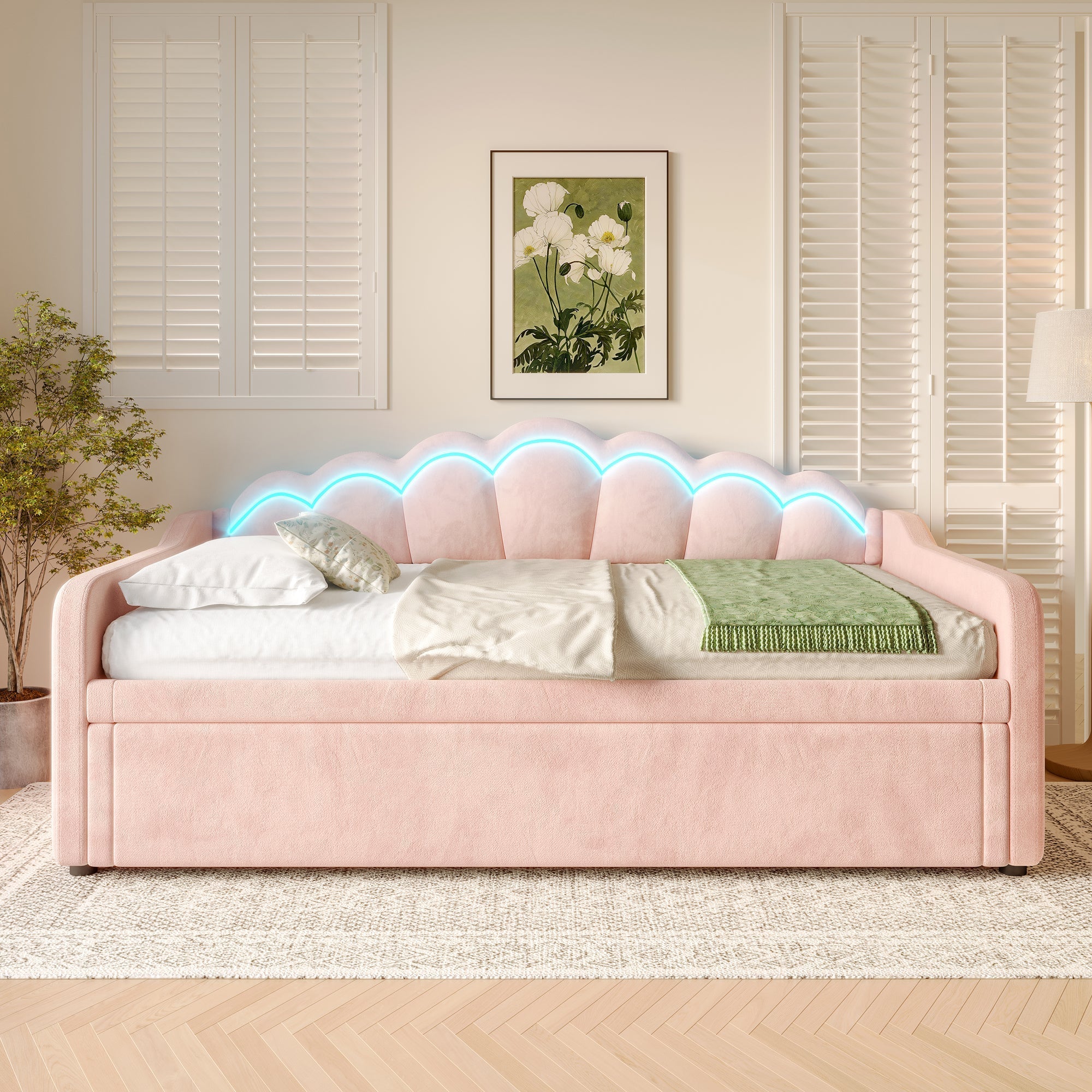 Daybed Sofa Bed Pull-out Bed LED Strip 90/180x200cm - Velvet Pink