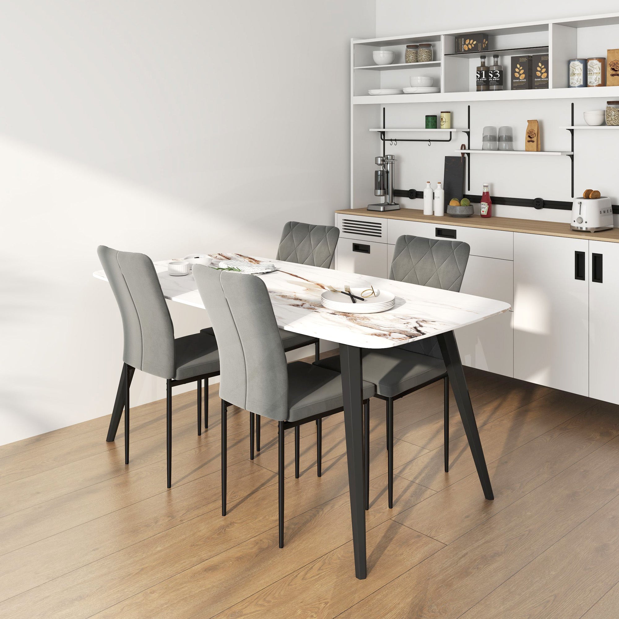 Esszimmerstühle 4er-Set mit Rückenlehne, Metallbeinen, dunkelgrauem Samt