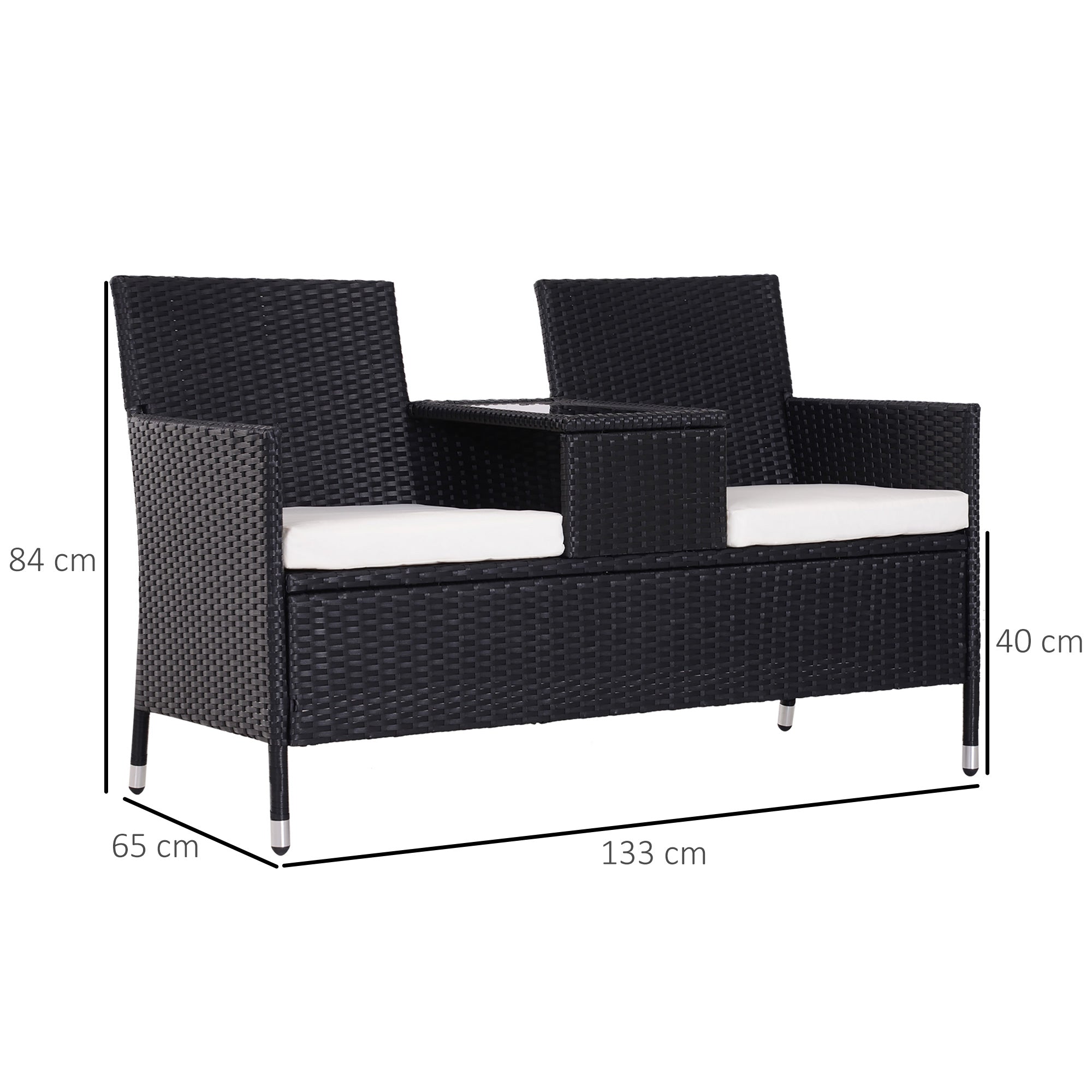 2-Seater Rattan Chair Set with Middle Tea Table - Black