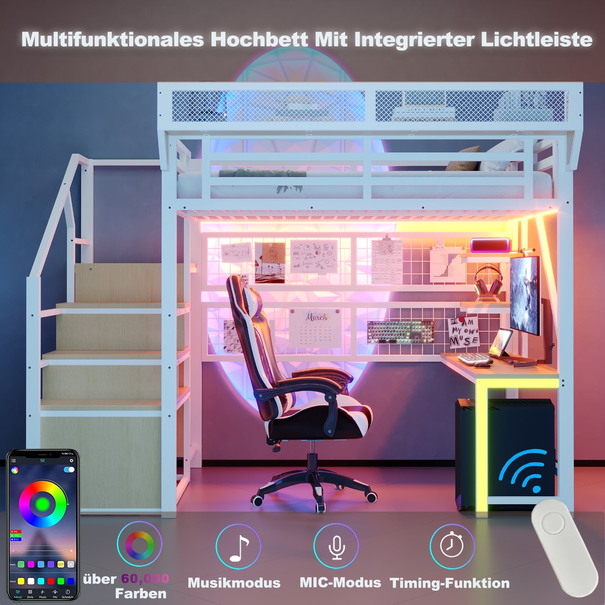 Metal Loft Bed with Desk, Shelf, Storage Net, LED and Socket, 140x200cm, White Metal