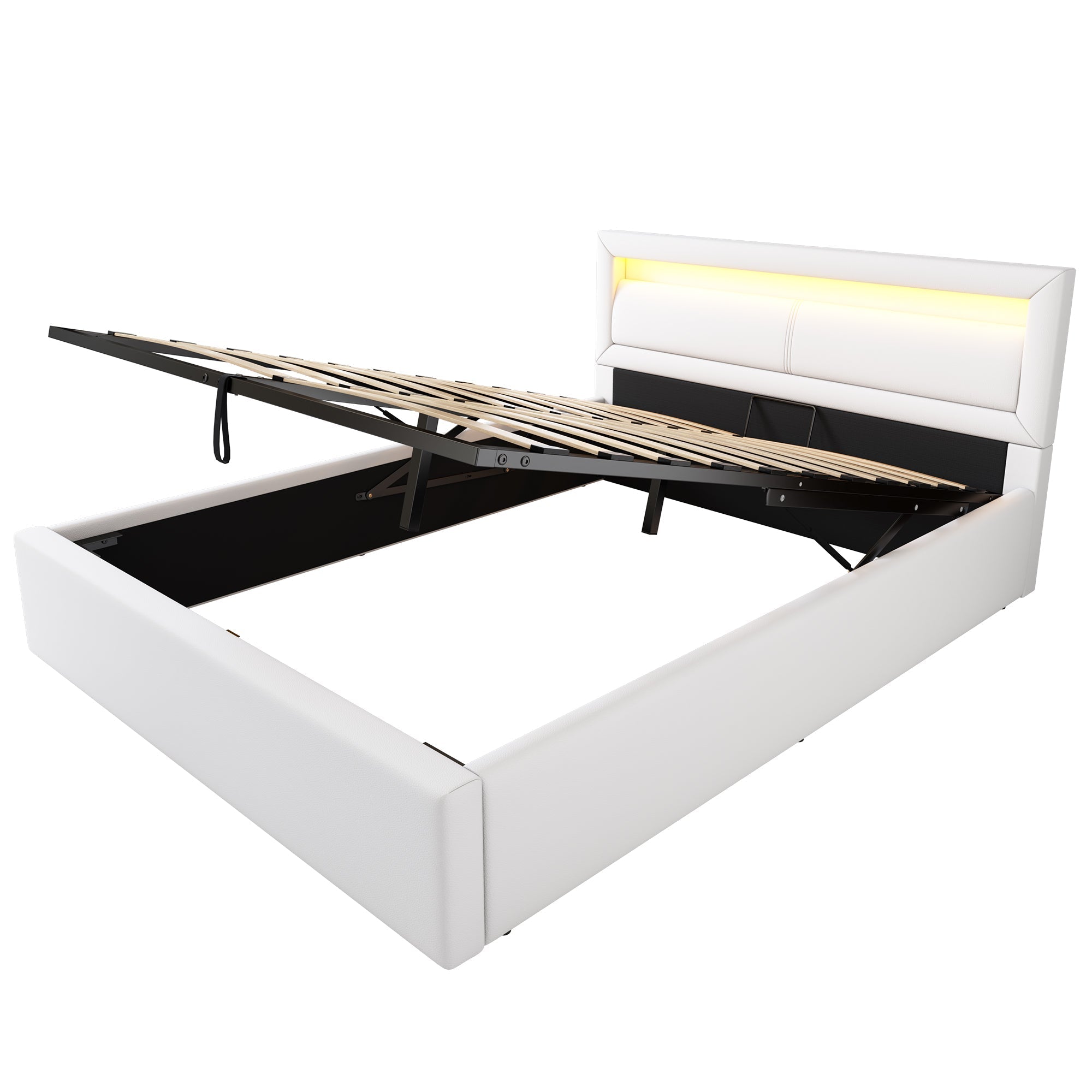 Upholstered LED Bed 140x190cm Storage & Illuminated Headboard Faux Leather White