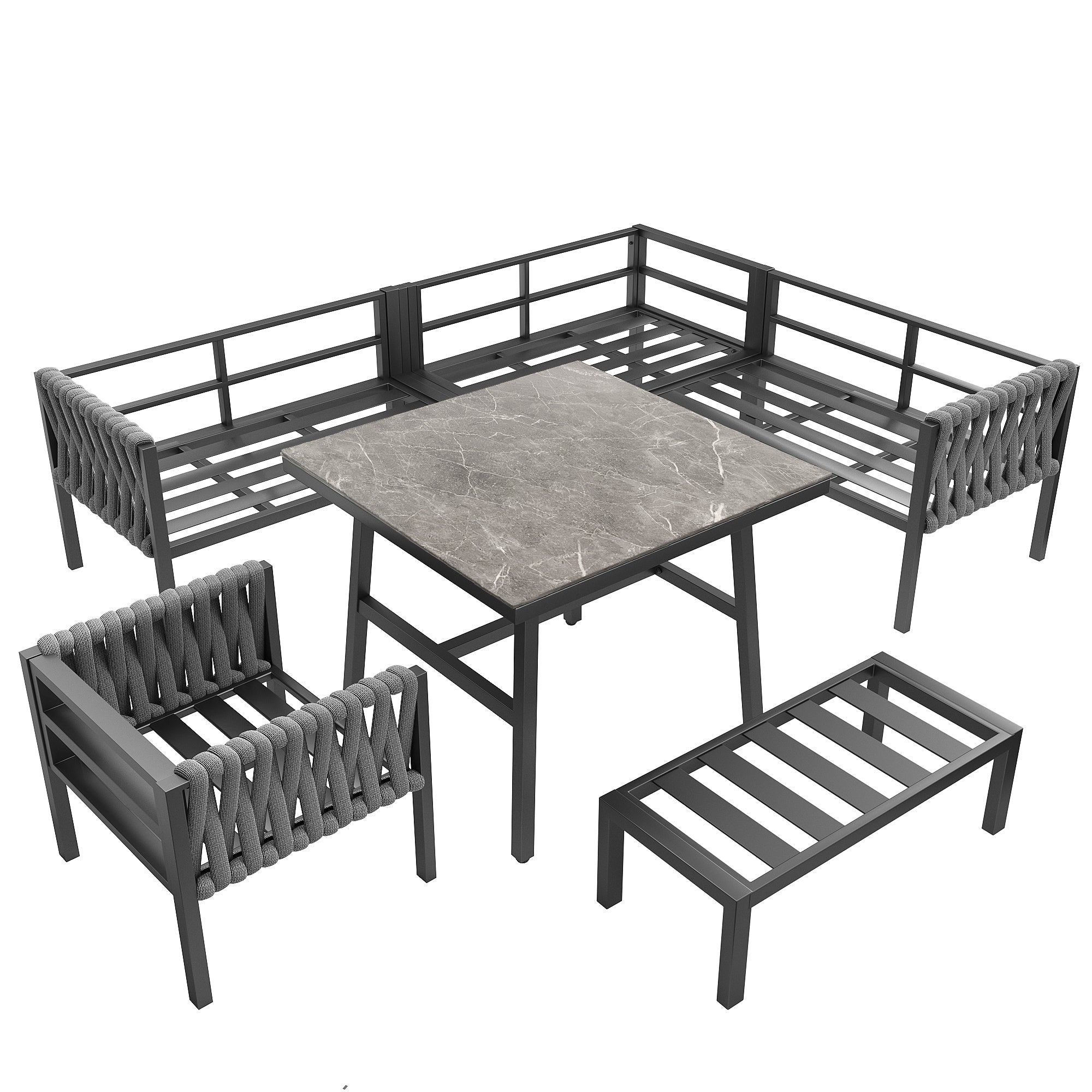 Garden Furniture Set Rope Corner Sofa Adjustable Legs Tempered Glass - Grey