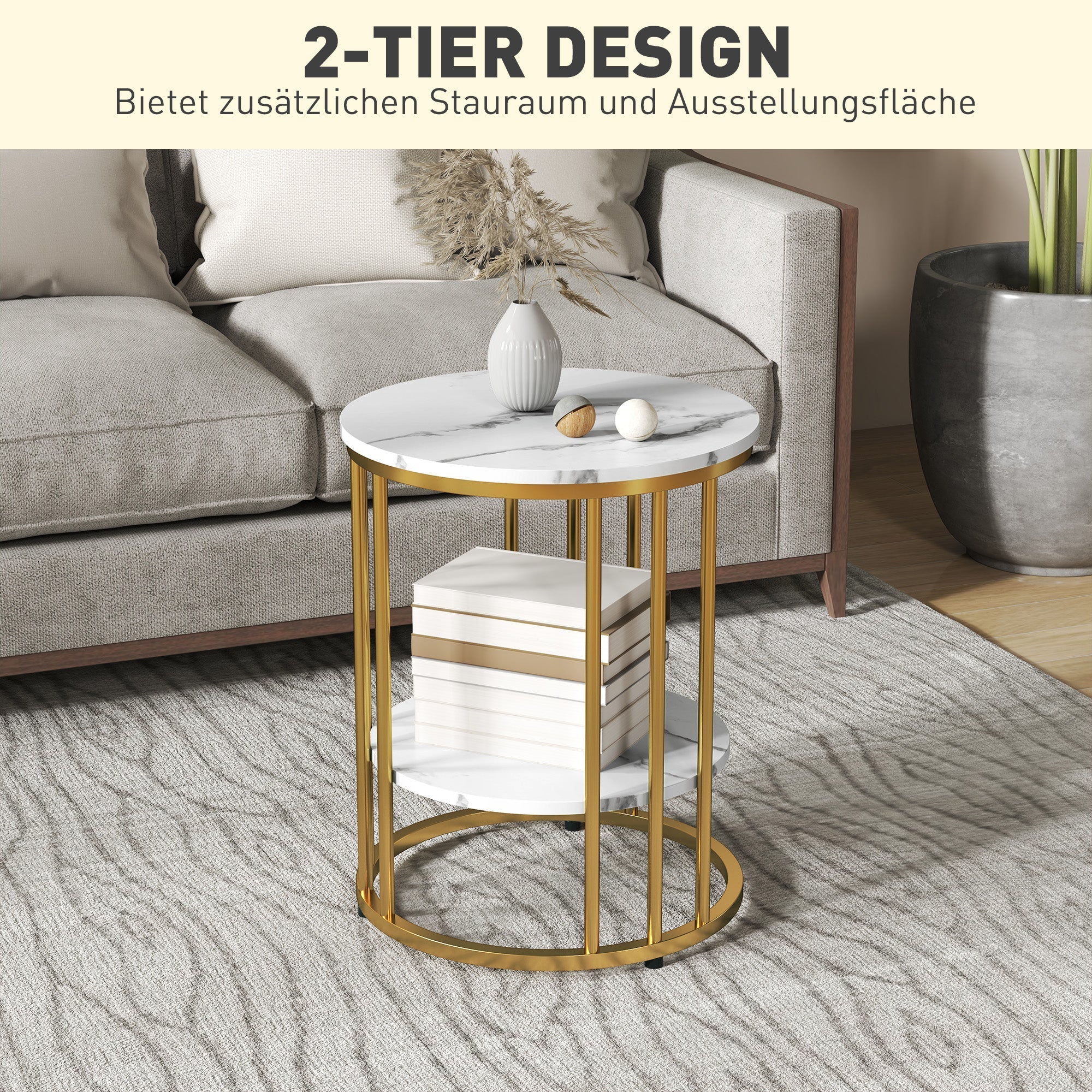 Round coffee table set of 2, side table with shelf, steel frame, white