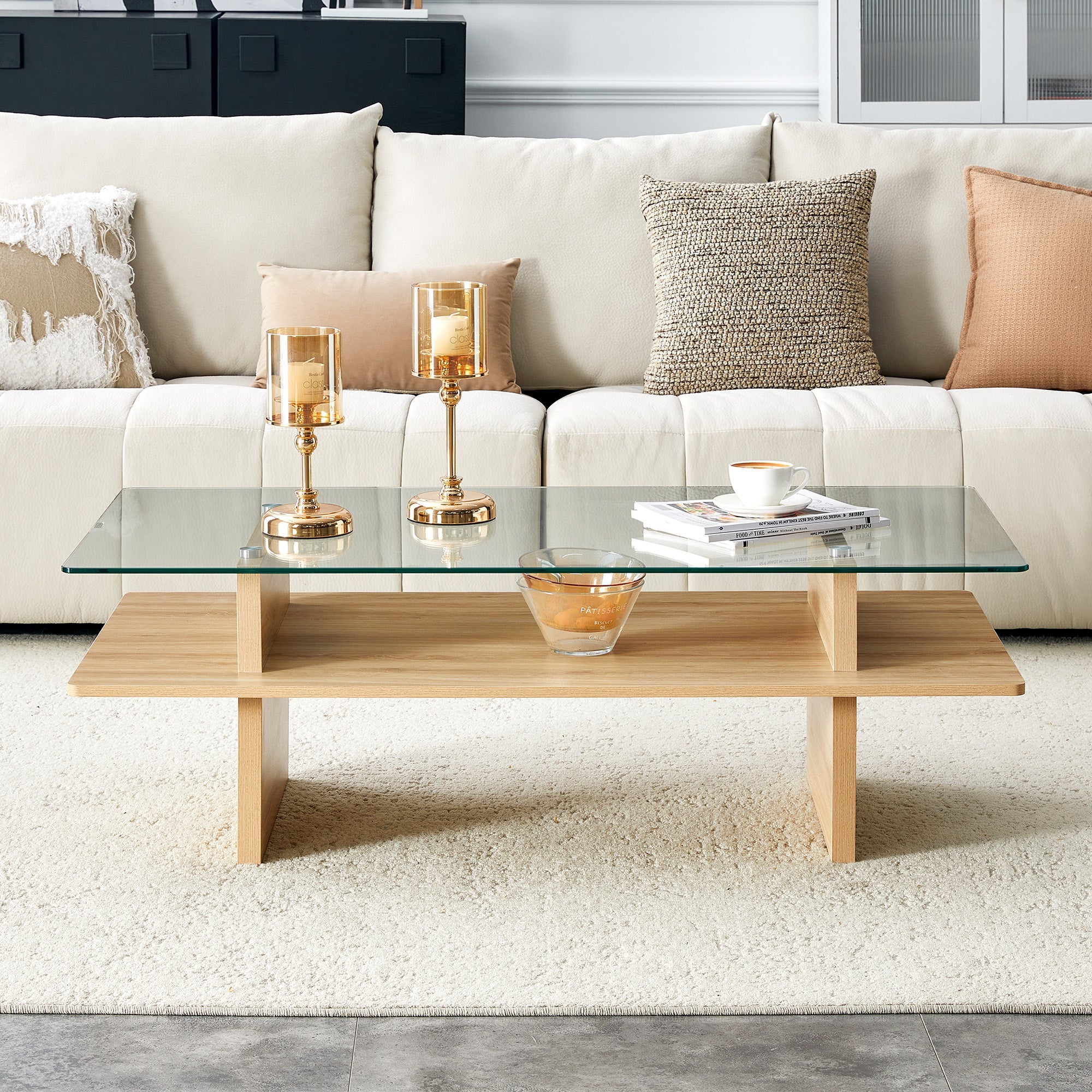 Two-Layer Coffee Table with Tempered Glass and Sturdy MDF Frame, Natural Wood Finish
