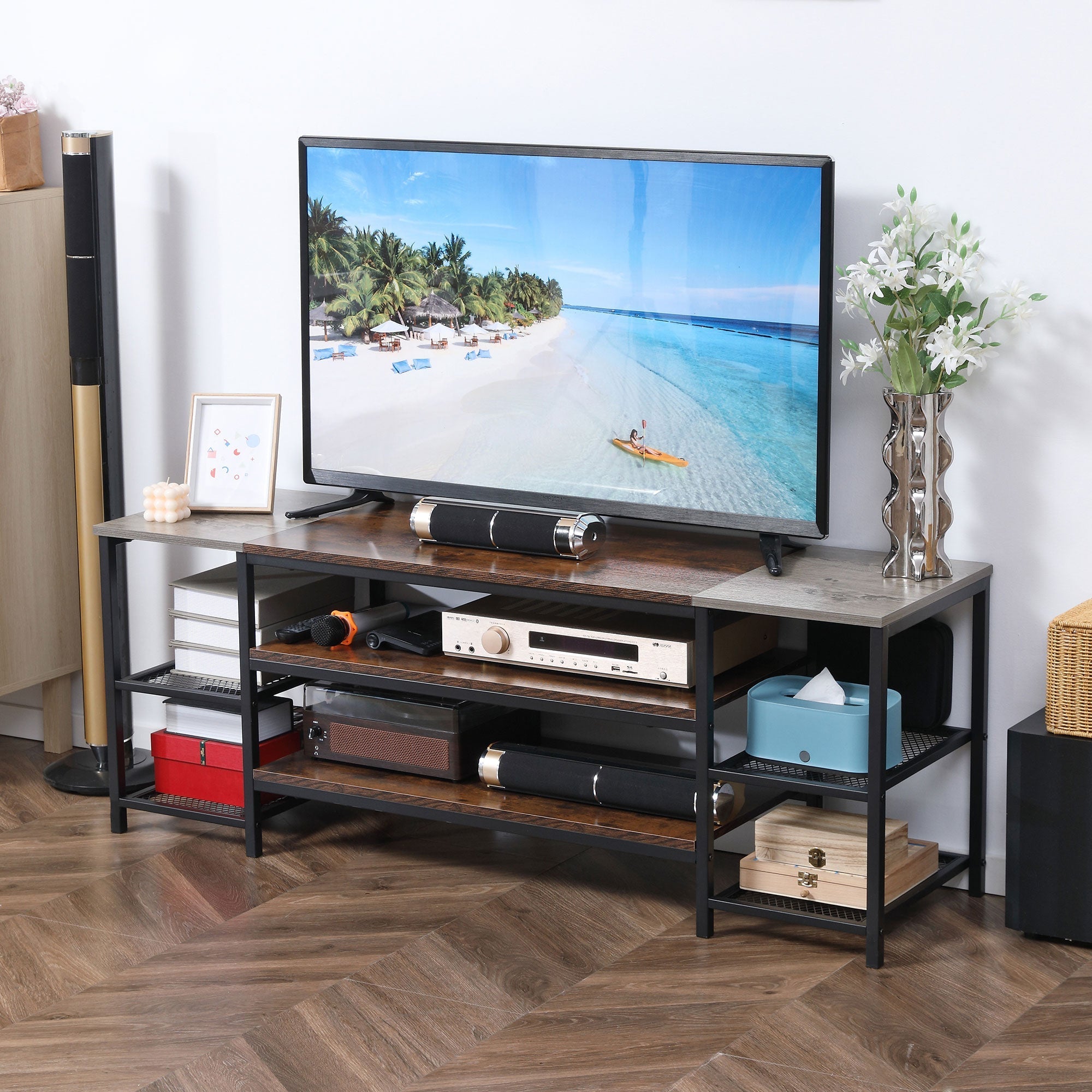 TV Unit Cabinet for TVs up to 60 Inches, Industrial Stand with Storage Shelves, Brown and Grey