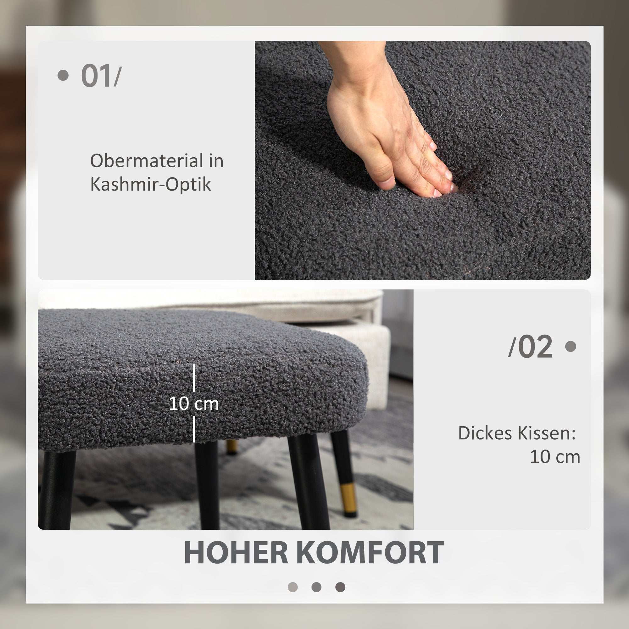 Hocker quadratisch, Wohn- und Schlafzimmer, Dunkelgrauer Kaschmir-Effekt