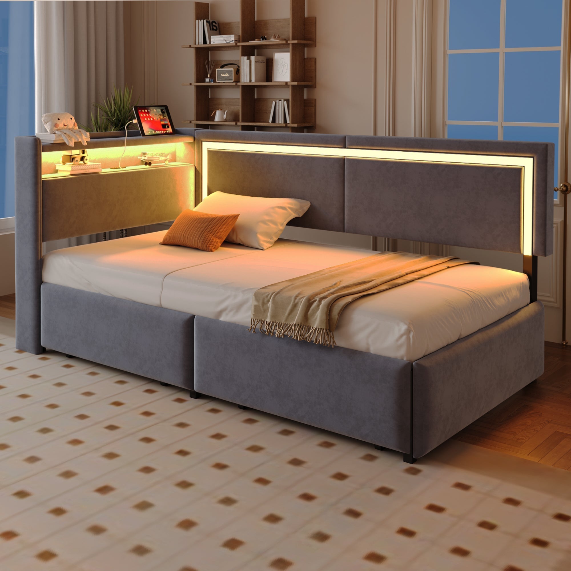 Upholstered Sofa Bed 90x200cm with LED & USB Headboard Storage Drawer Dark Grey Velvet