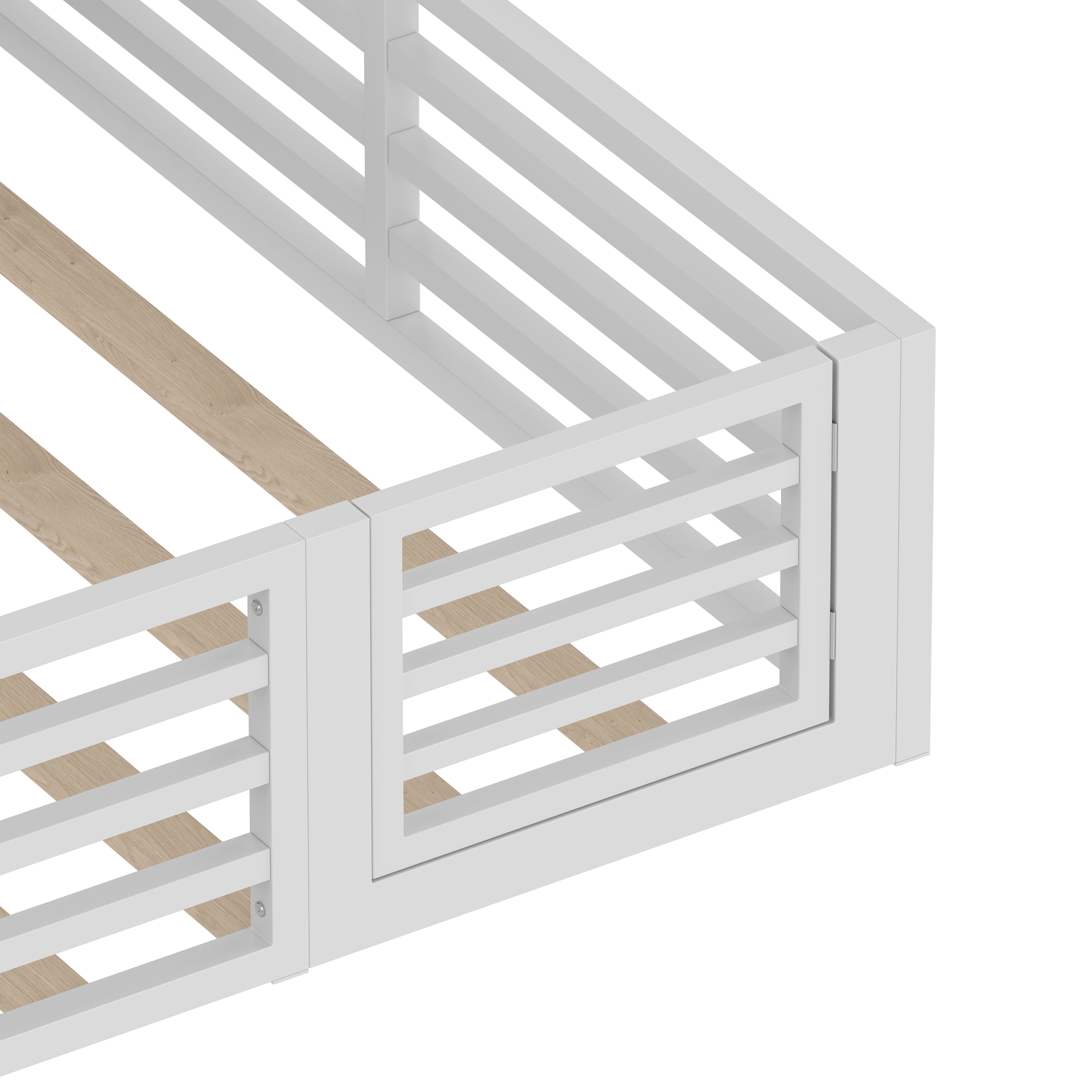 Fence Daybed with Storage Compartment and Railing, 140 x 200cm, White Metal and MDF