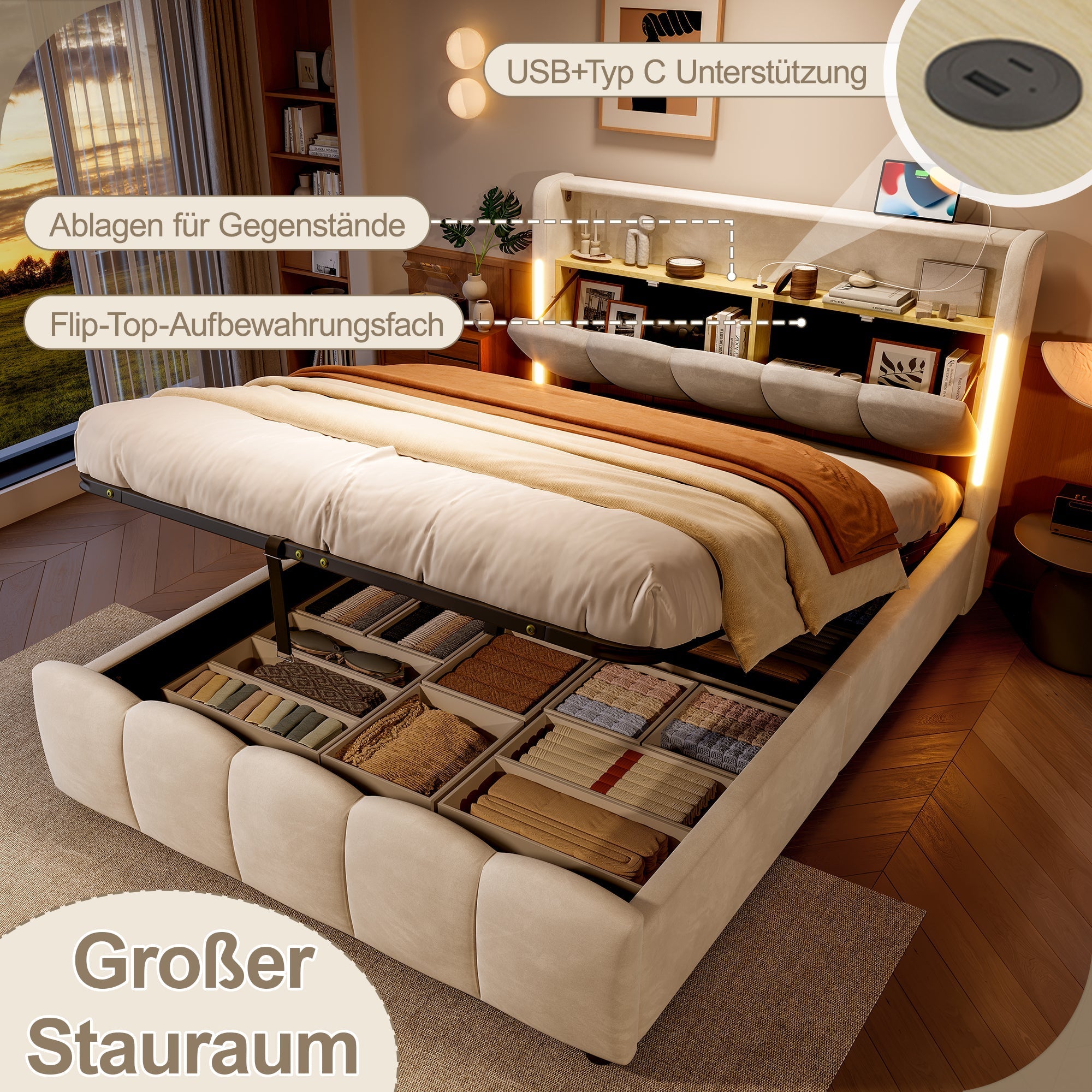 Upholstered Bed 140x200cm Hydraulic Storage LED Headboard USB/Type-C Ports - Beige Velvet