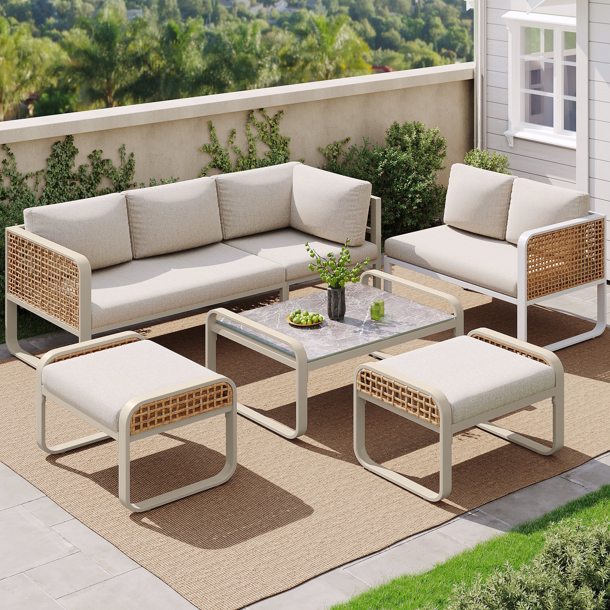 Garden Lounge Set Rattan Corner Sofa 6-7 Seater Adjustable Legs - Beige