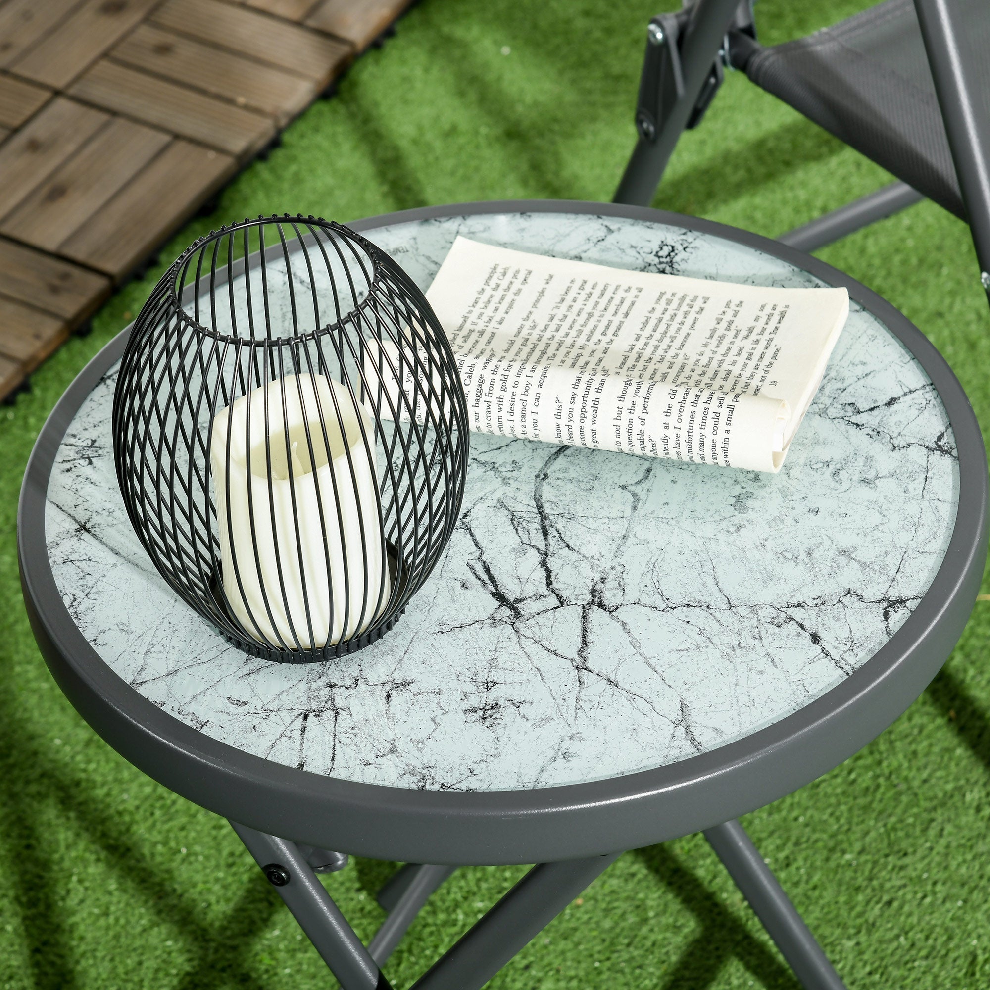 Folding Side Table, Round Glass Marble Look 45x50cm, White