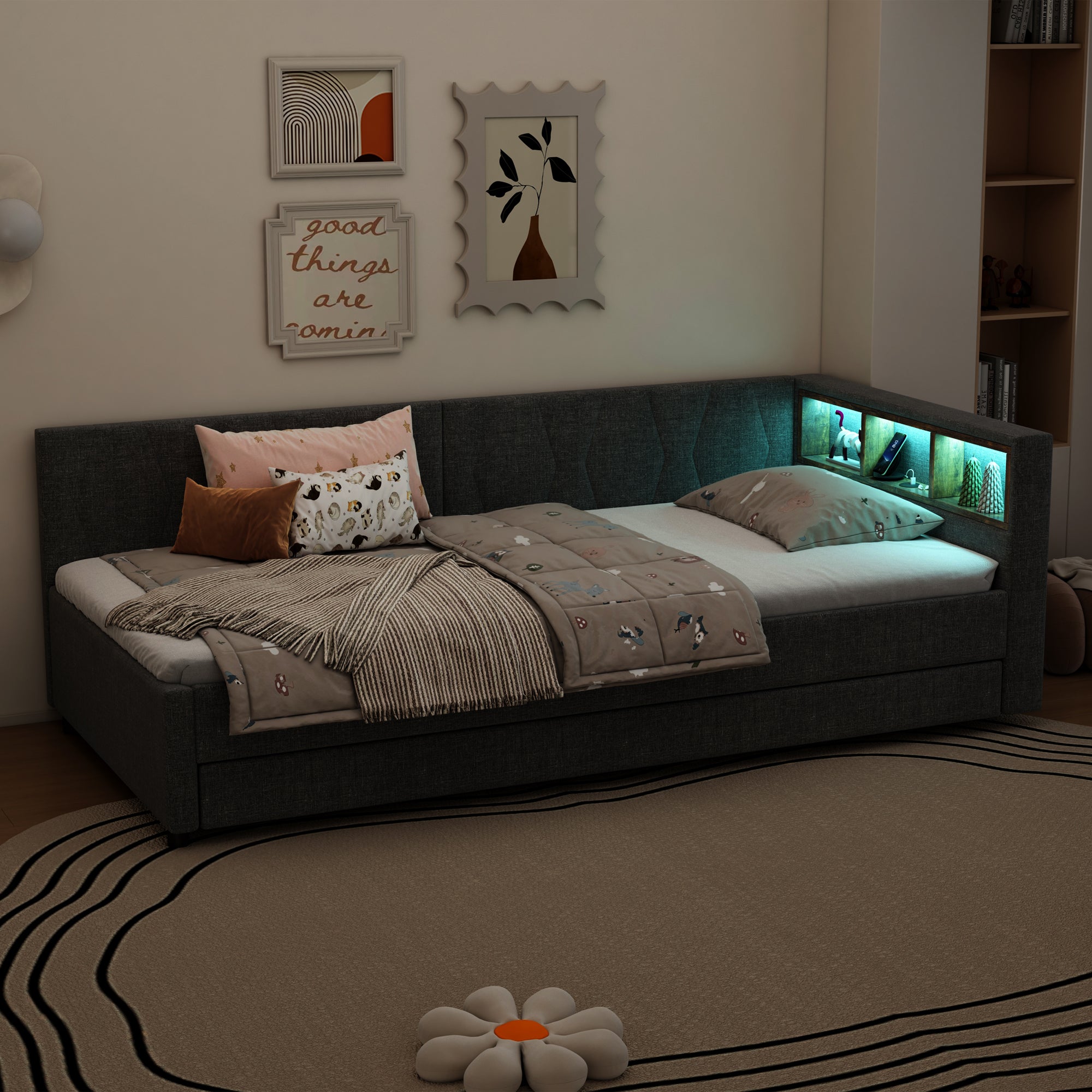 Daybed Sofa Bed 90x200cm Pull-out Bed Storage LED USB/Type-C - Linen Grey