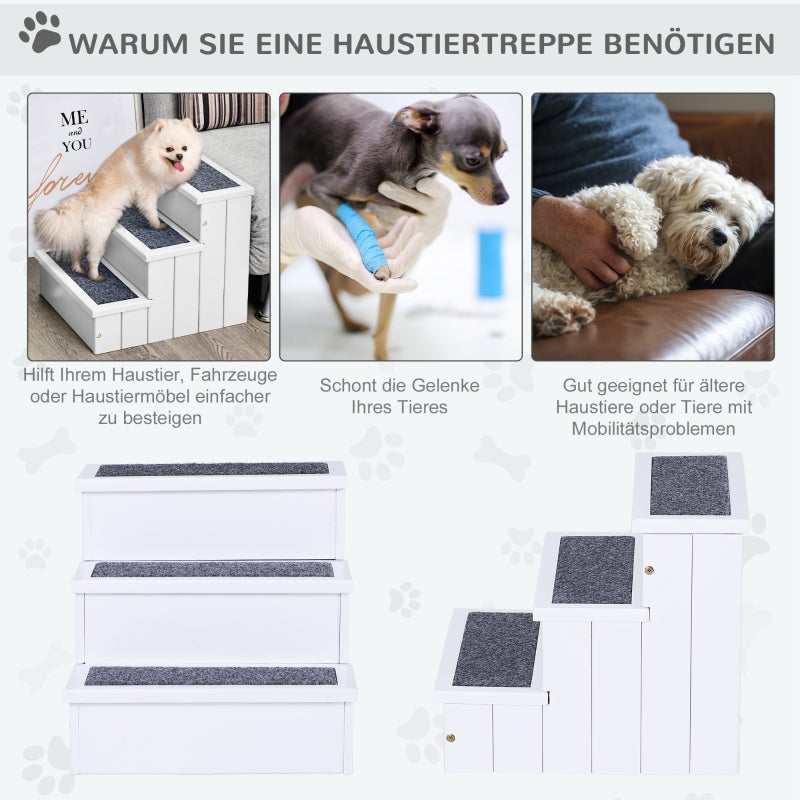 Hundetreppe, 3 Stufen Einstiegshilfe für Haustiere mit Stauraum, Tannenholz Weiß